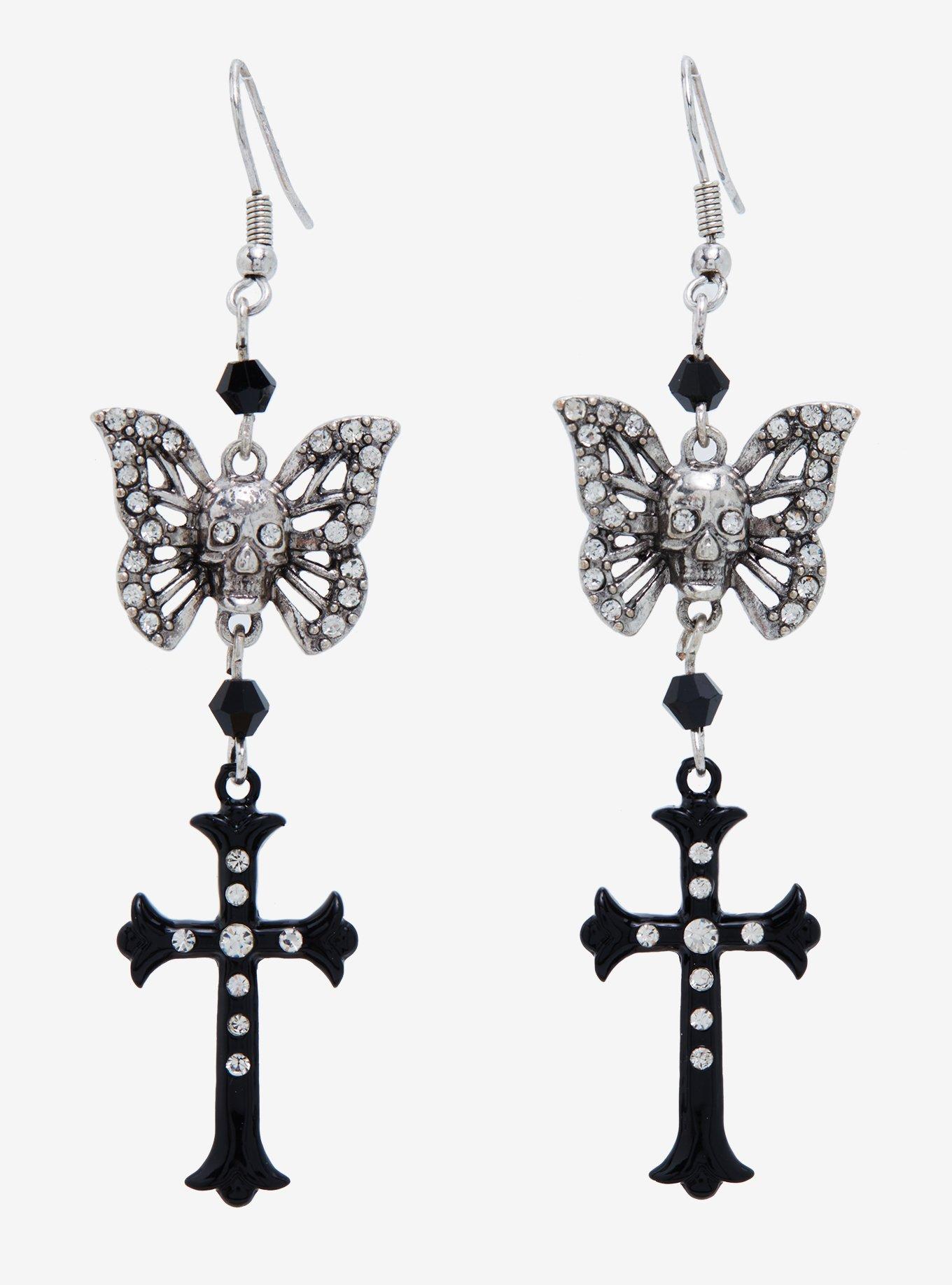 Butterfly Skull Cross Drop Earrings, , alternate