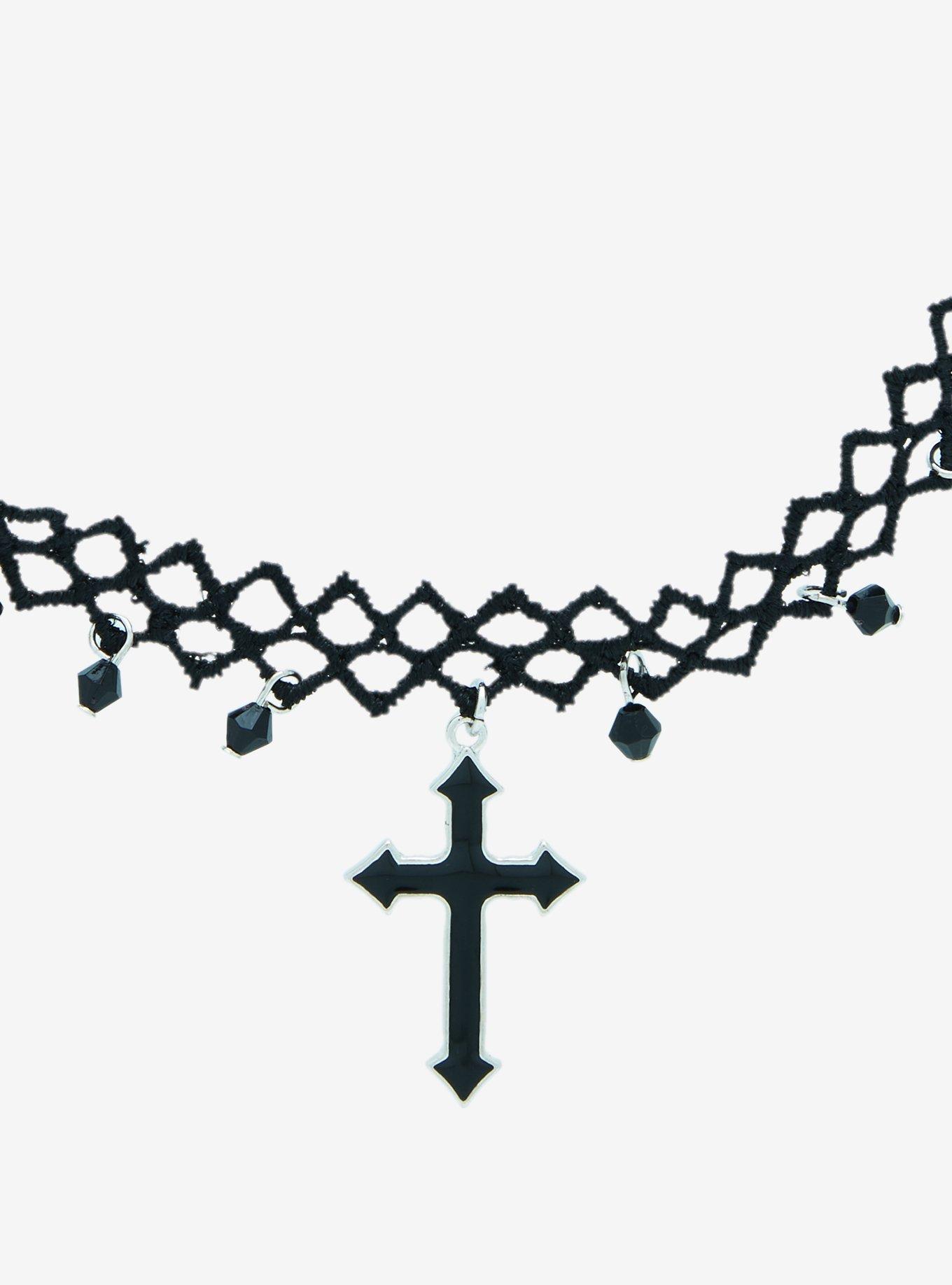 Black Bead Cross Choker, , hi-res