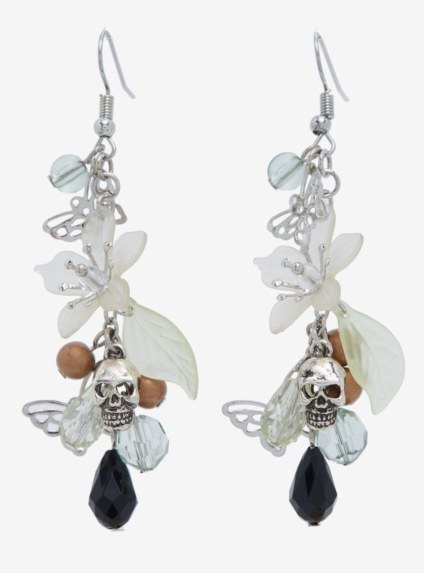 Grunge Skull Floral Drop Earrings, , alternate