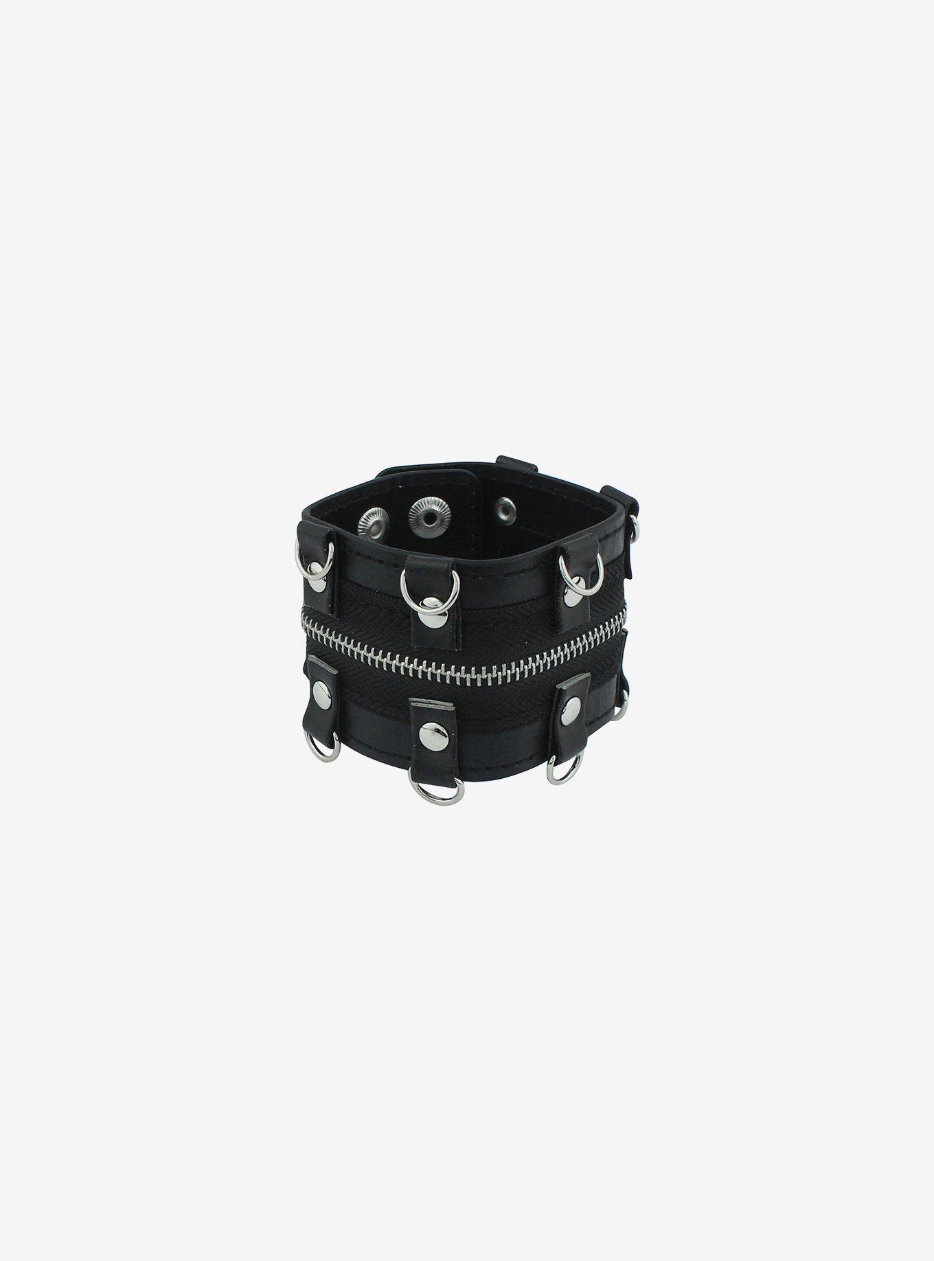 Social Collision Hardware Zipper Faux Leather Cuff Bracelet, , alternate