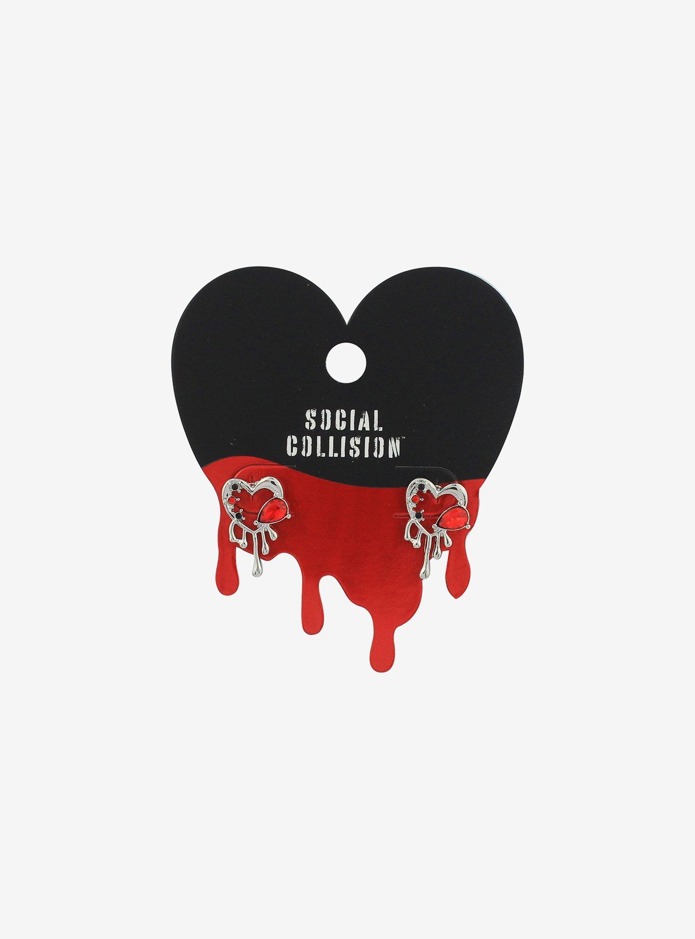 Social Collision Heart Drip Red Gem Stud Earrings, , alternate