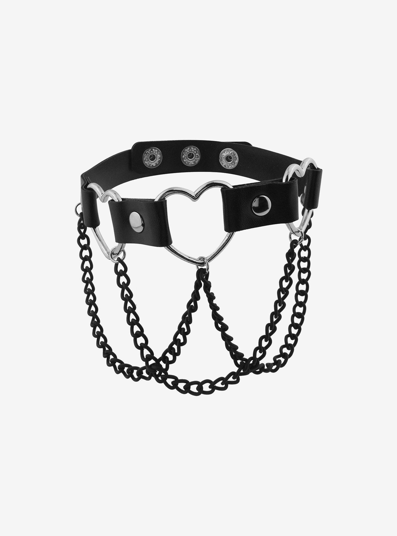 Faux Leather Heart Chain Choker, , alternate