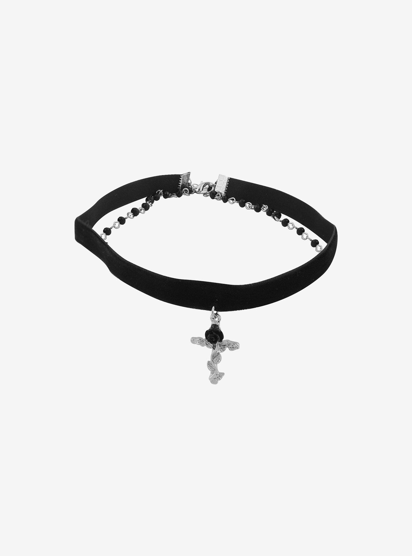 Social Collision Black Rose Cross Bead Layered Choker, , alternate