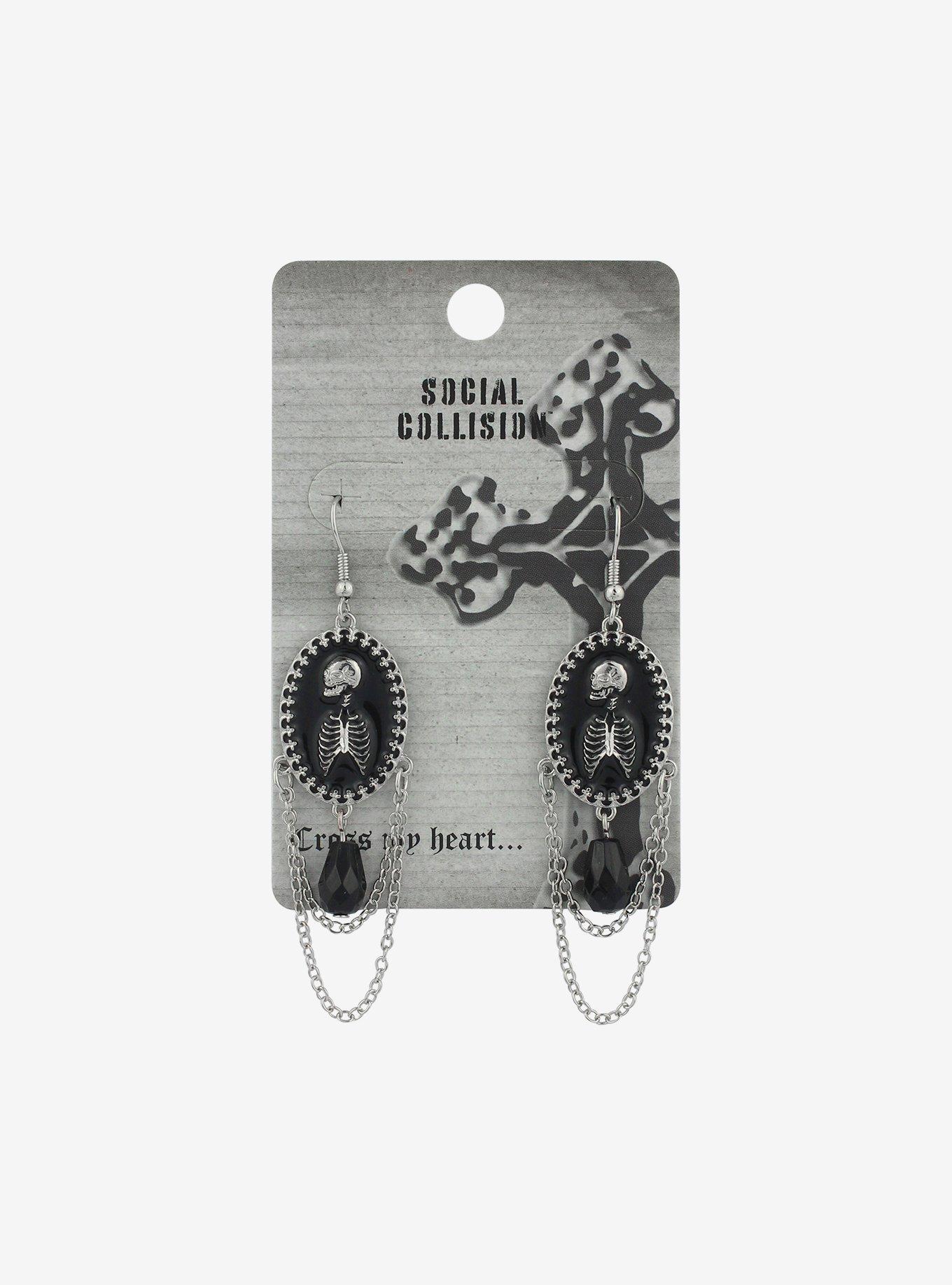 Social Collision Skeleton Cameo Chain Earrings, , hi-res