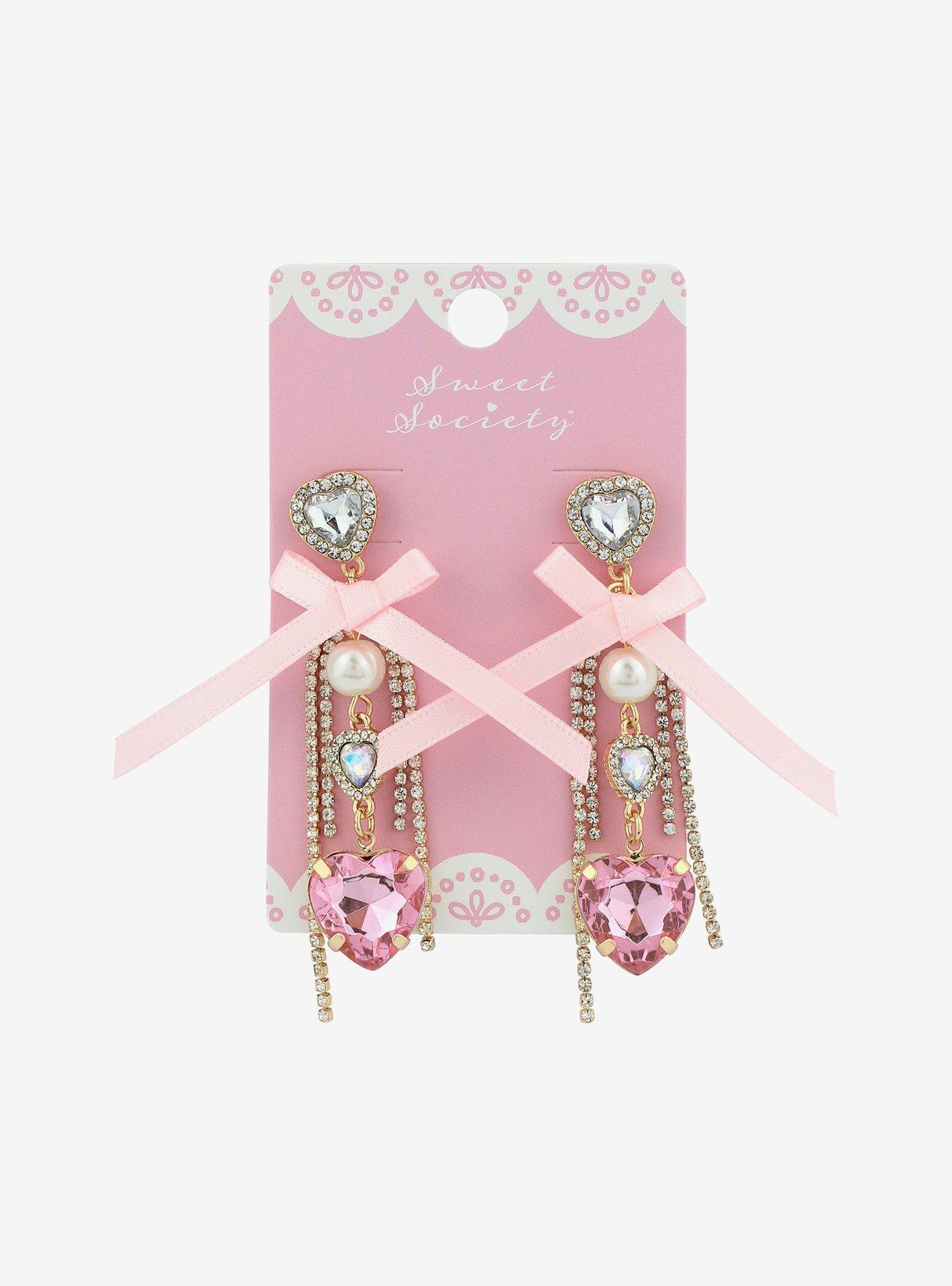 Sweet Society Pink Bow Bling Drop Earrings, , alternate