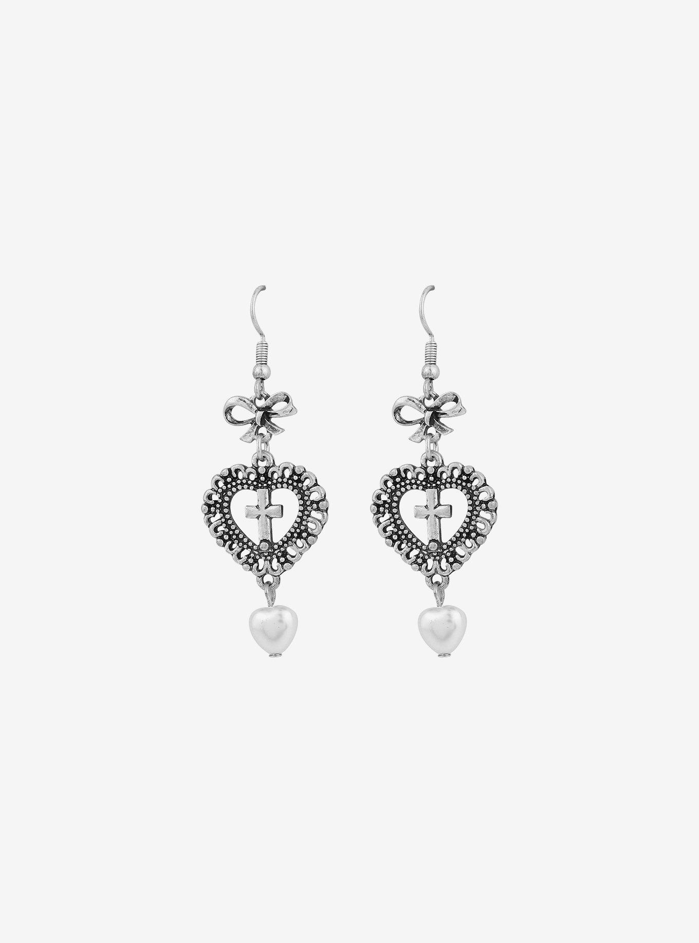 Social Collision Cross Pearl Heart Drop Earrings, , alternate