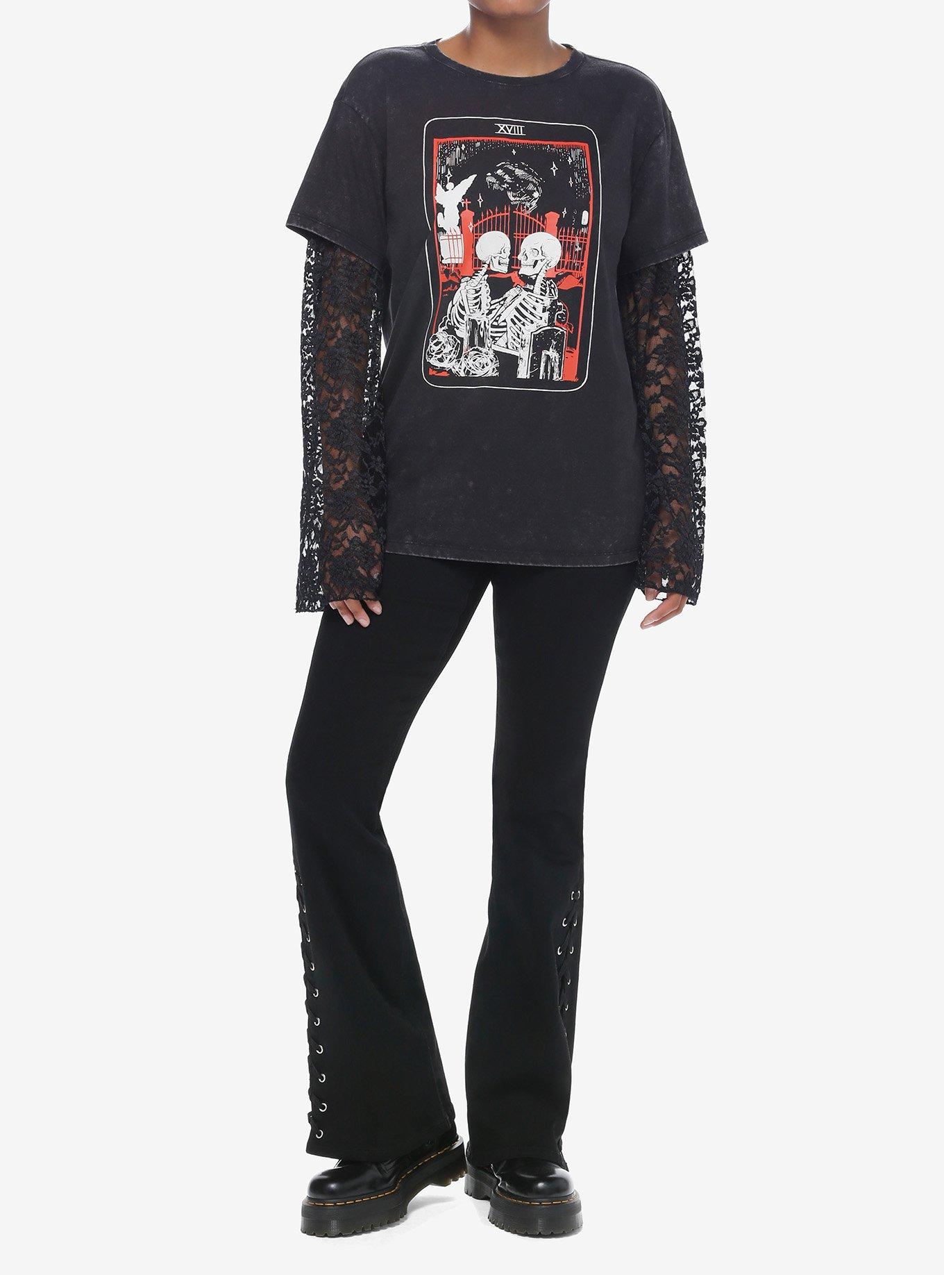 Cosmic Aura Tarot Lace Bell Sleeve Girls Twofer T-Shirt, BLACK, alternate