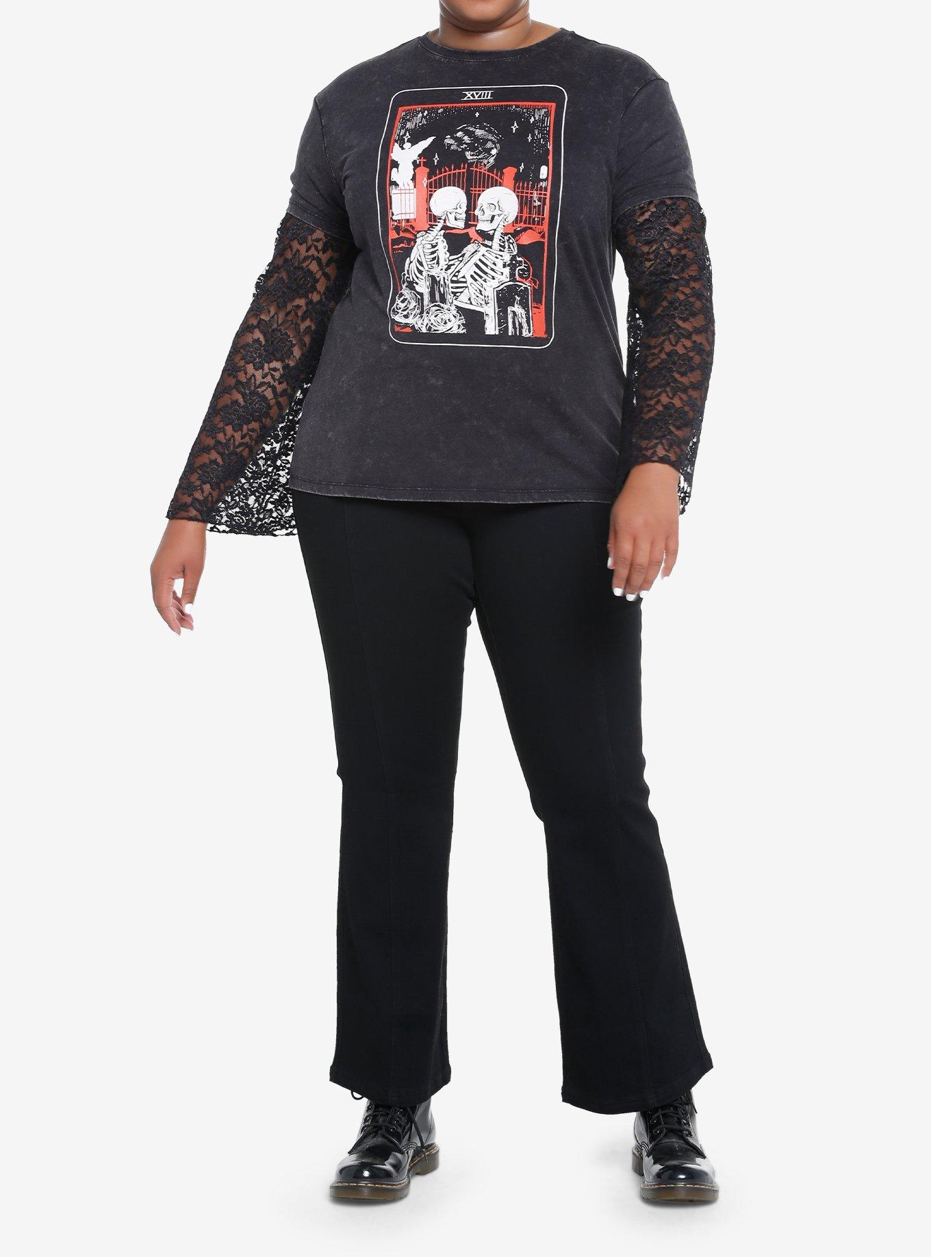 Cosmic Aura Tarot Lace Bell Sleeve Girls Twofer T-Shirt Plus Size, BLACK, alternate
