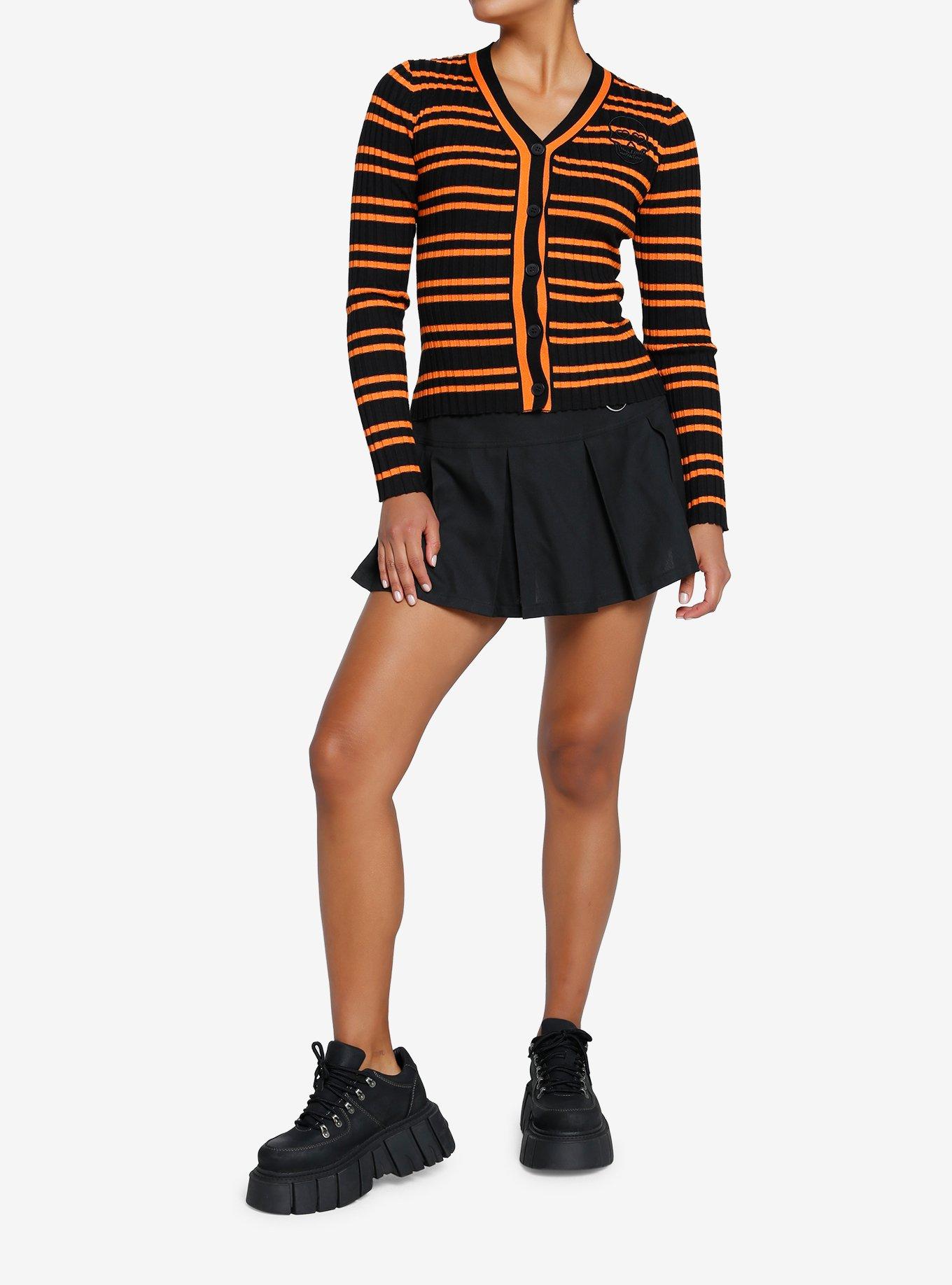 Social Collision Black & Orange Stripe Skull Girls Cardigan, STRIPES - ORANGE, alternate