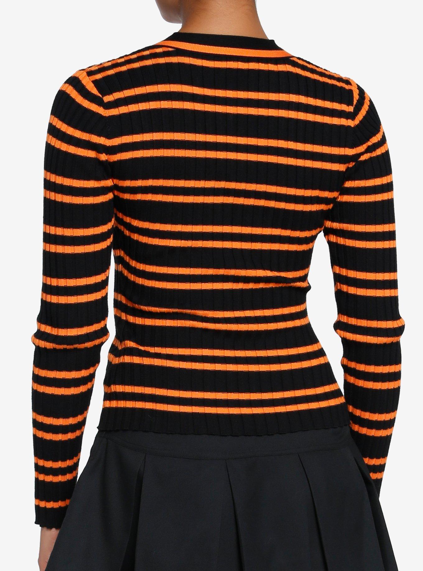 Social Collision Black & Orange Stripe Skull Girls Cardigan, STRIPES - ORANGE, alternate