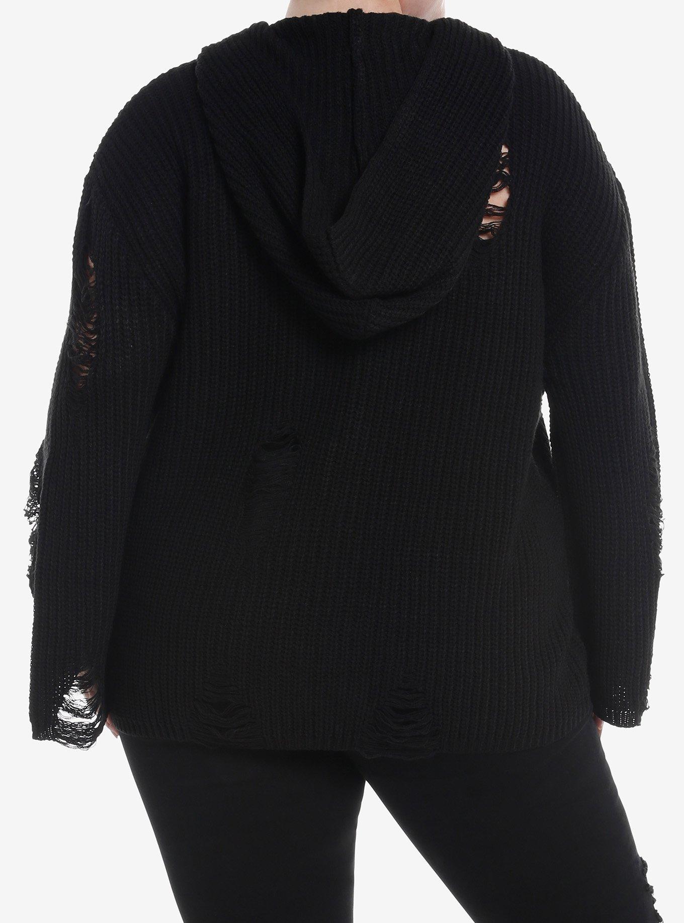 Social Collision Black Distressed Knit Girls Cardigan Plus Size, BLACK, alternate