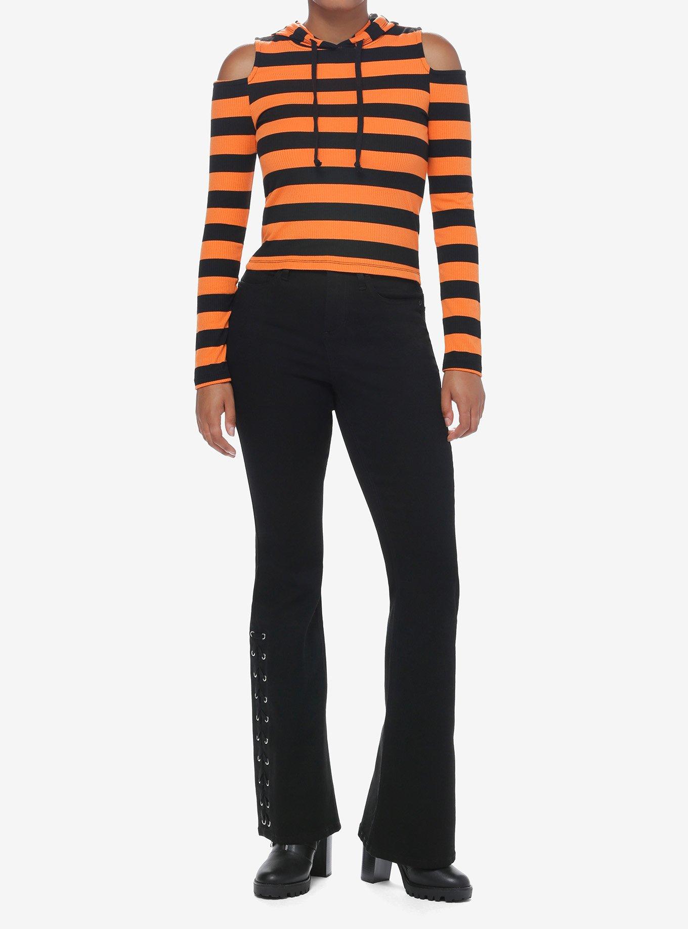 Social Collision Black & Orange Stripe Girls Crop Hooded Top, , hi-res