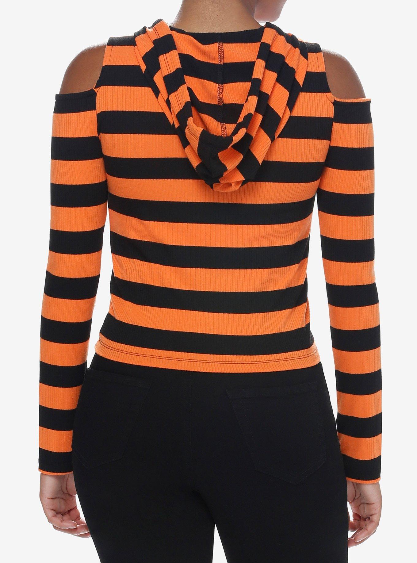 Social Collision Black & Orange Stripe Girls Crop Hooded Top, STRIPES - ORANGE, alternate