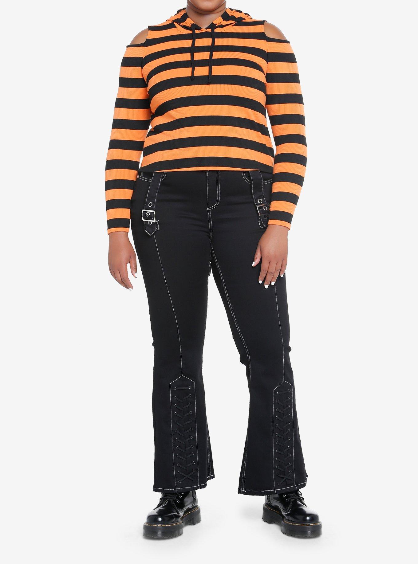 Social Collision Black & Orange Stripe Girls Crop Hooded Top Plus Size, , hi-res