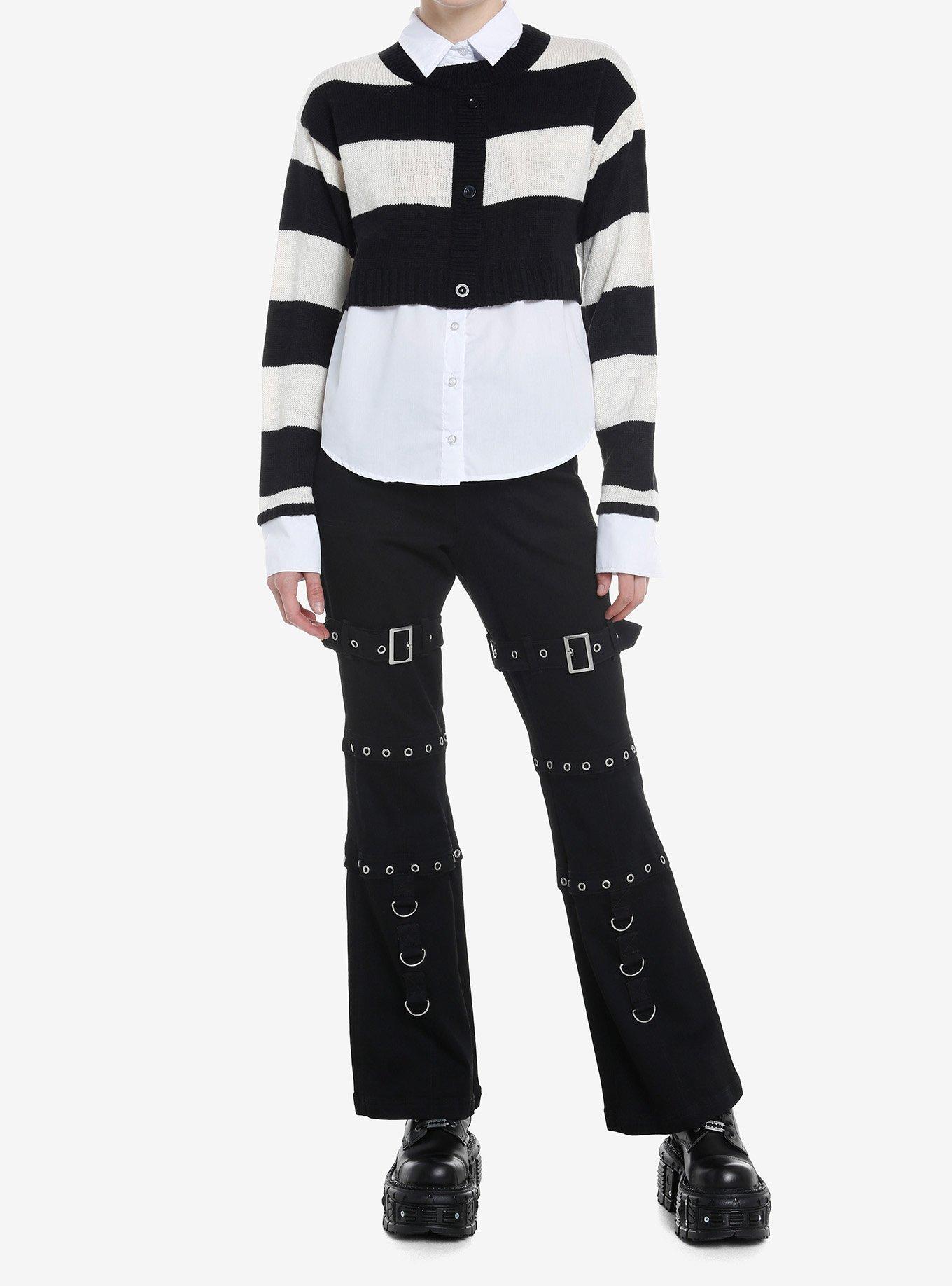 Social Collision Black & White Stripe Girls Cardigan Woven Button-Up Twofer, STRIPES, alternate