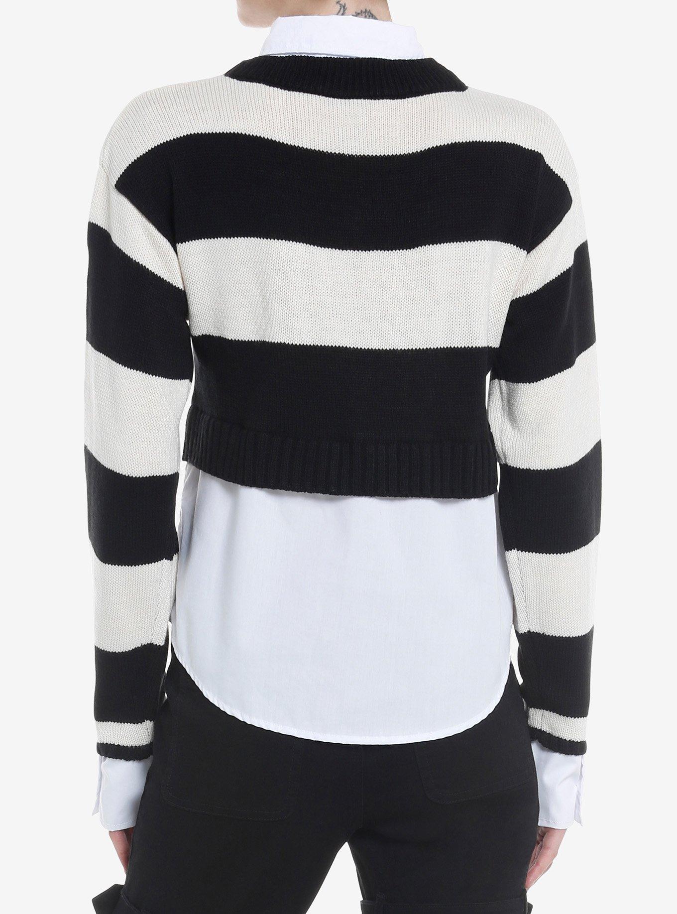 Social Collision Black & White Stripe Girls Cardigan Woven Button-Up Twofer, STRIPES, alternate