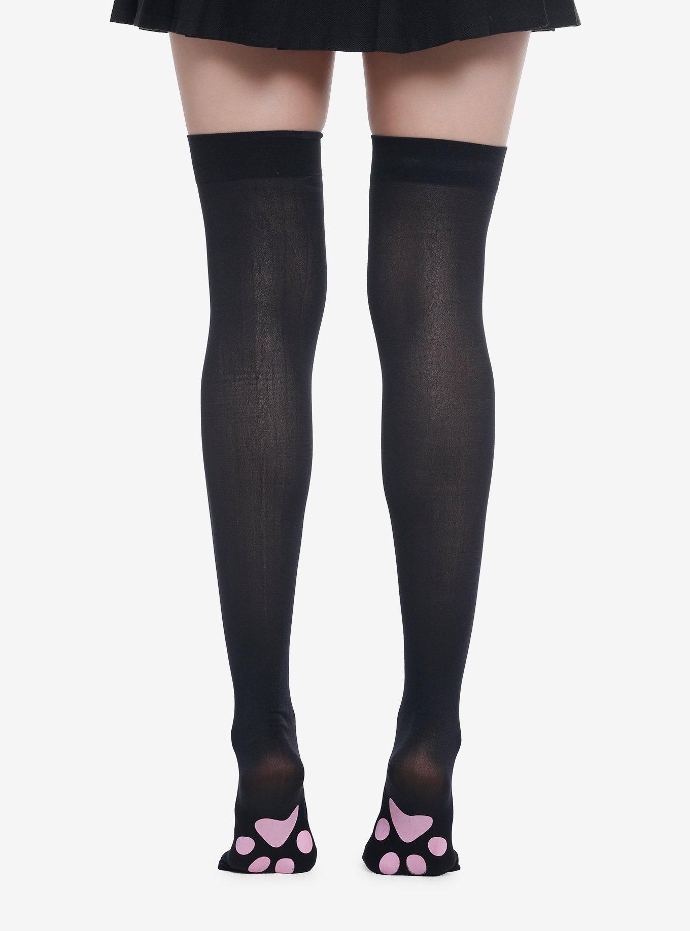 Black Kitty Paw Bow Thigh Highs, , alternate