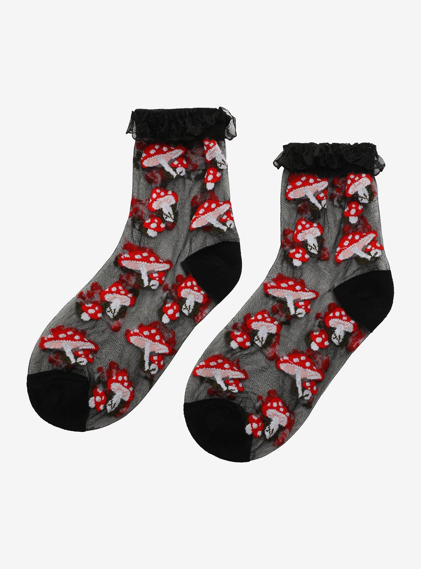 Mushroom Mesh Ruffle Crew Socks, , alternate