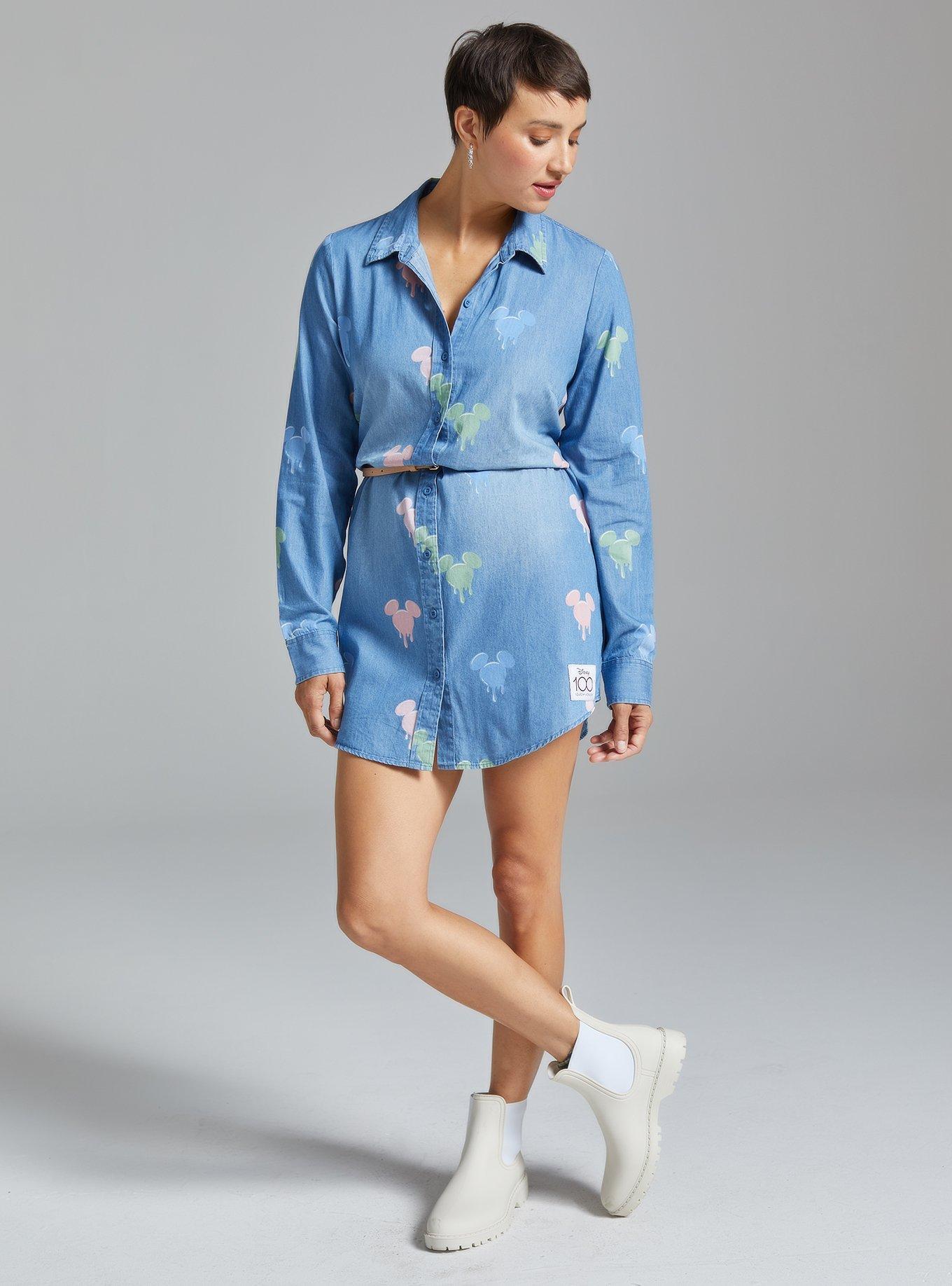 Disney 100 Mickey Mouse Allover Print Button-Down Denim Shirt Dress - BoxLunch Exclusive, DENIM, alternate