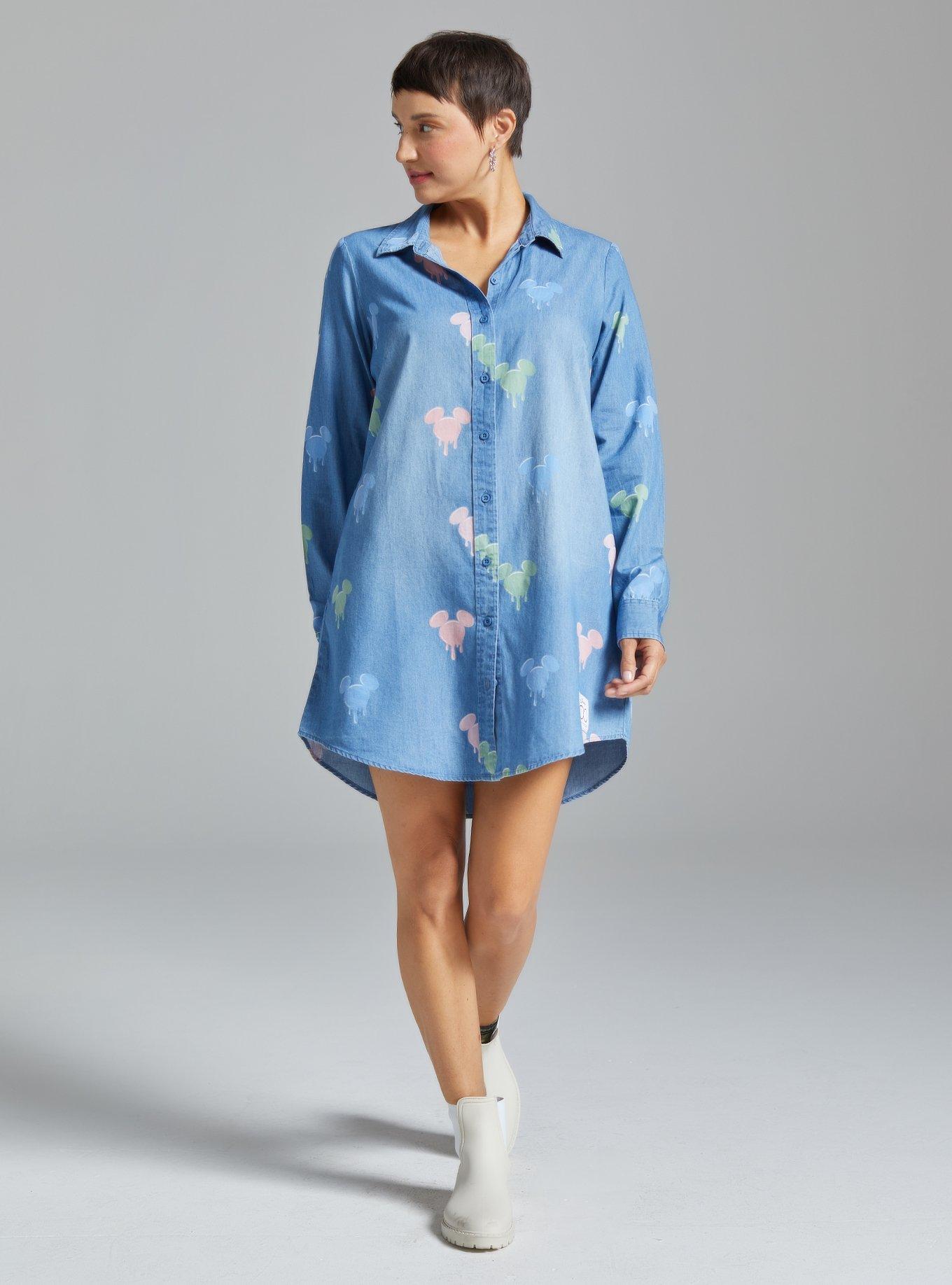 Disney 100 Mickey Mouse Allover Print Button-Down Denim Shirt Dress - BoxLunch Exclusive, DENIM, alternate