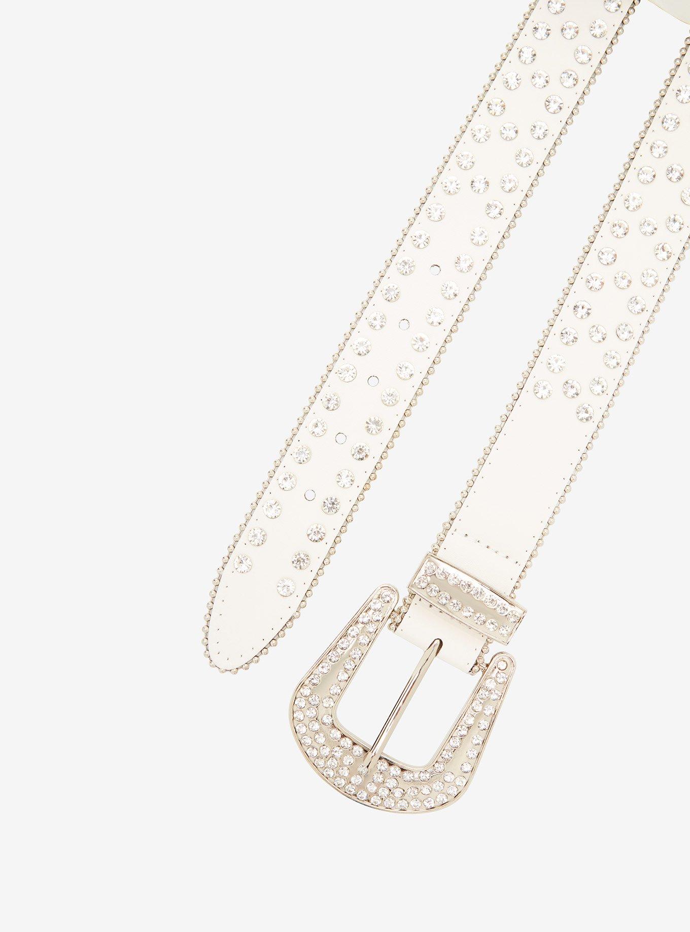 White Rhinestone Bling Buckle Belt, CREAM, alternate