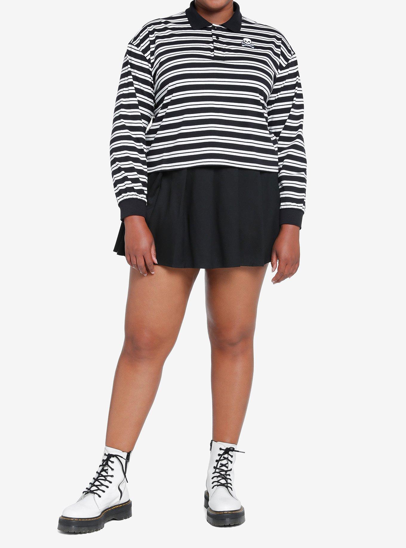 Social Collision Skull Striped Girls Crop Long-Sleeve Polo Plus Size, , hi-res
