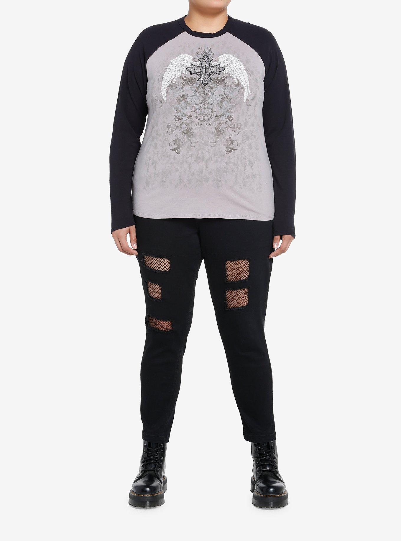 Social Collision Winged Cross Girls Raglan T-Shirt Plus Size, GREY, alternate