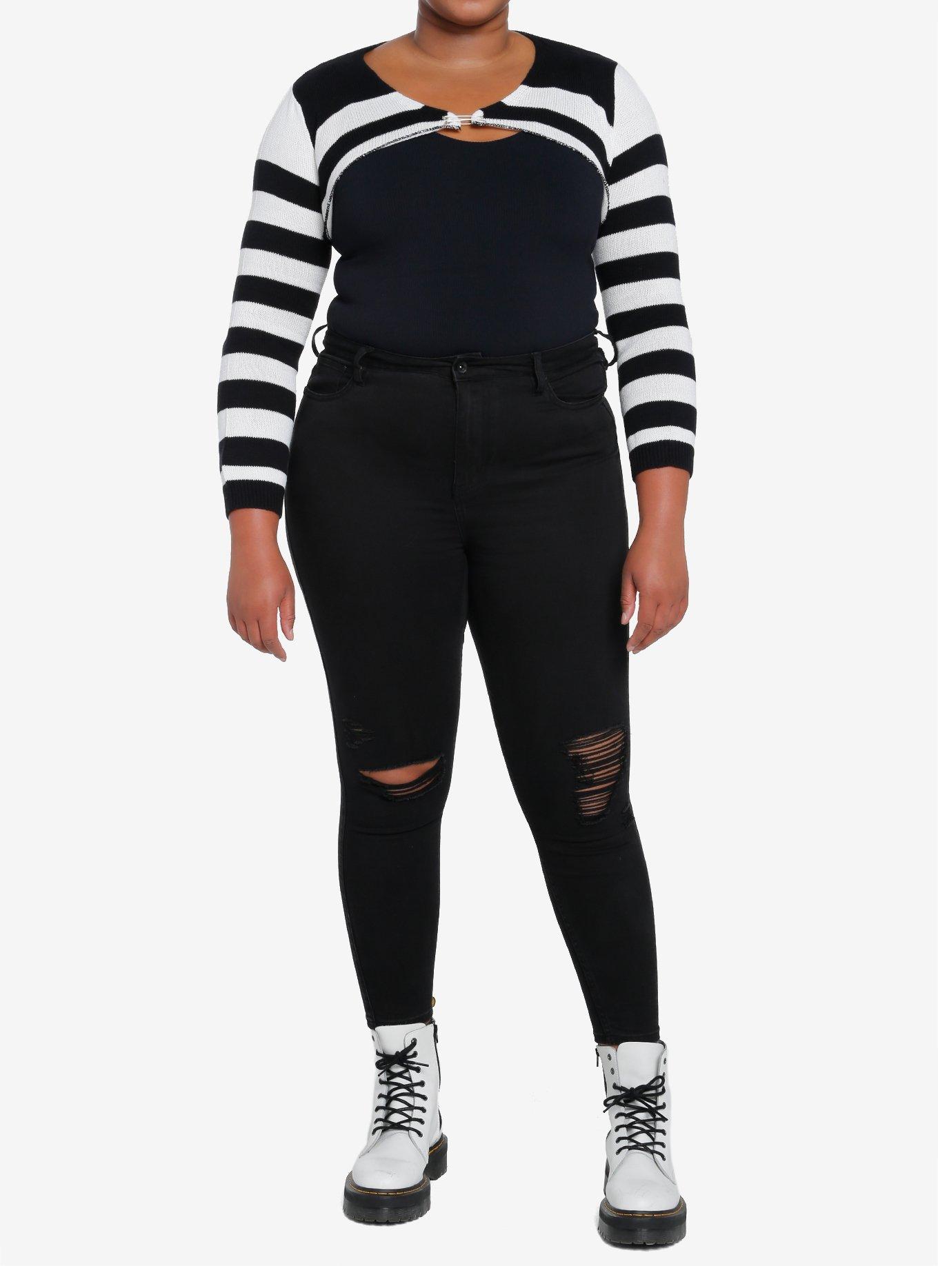 Black & White Stripe Girls Crop Shrug Plus Size, STRIPES, alternate