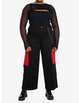 Black & Red Stripe Knit Girls Crop Shrug Plus Size, , hi-res