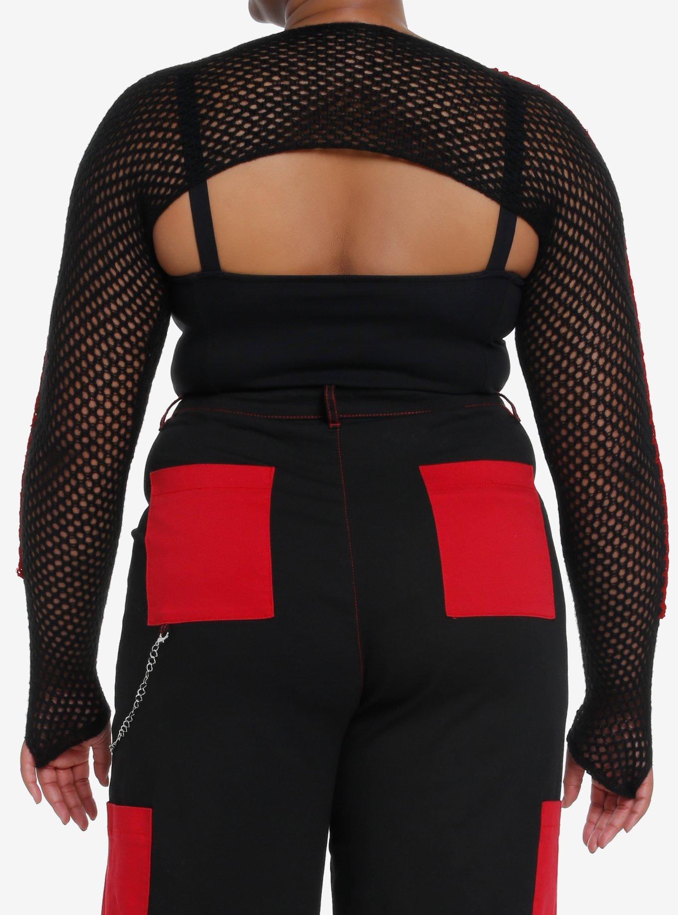 Black & Red Stripe Knit Girls Crop Shrug Plus Size, BLACK, alternate