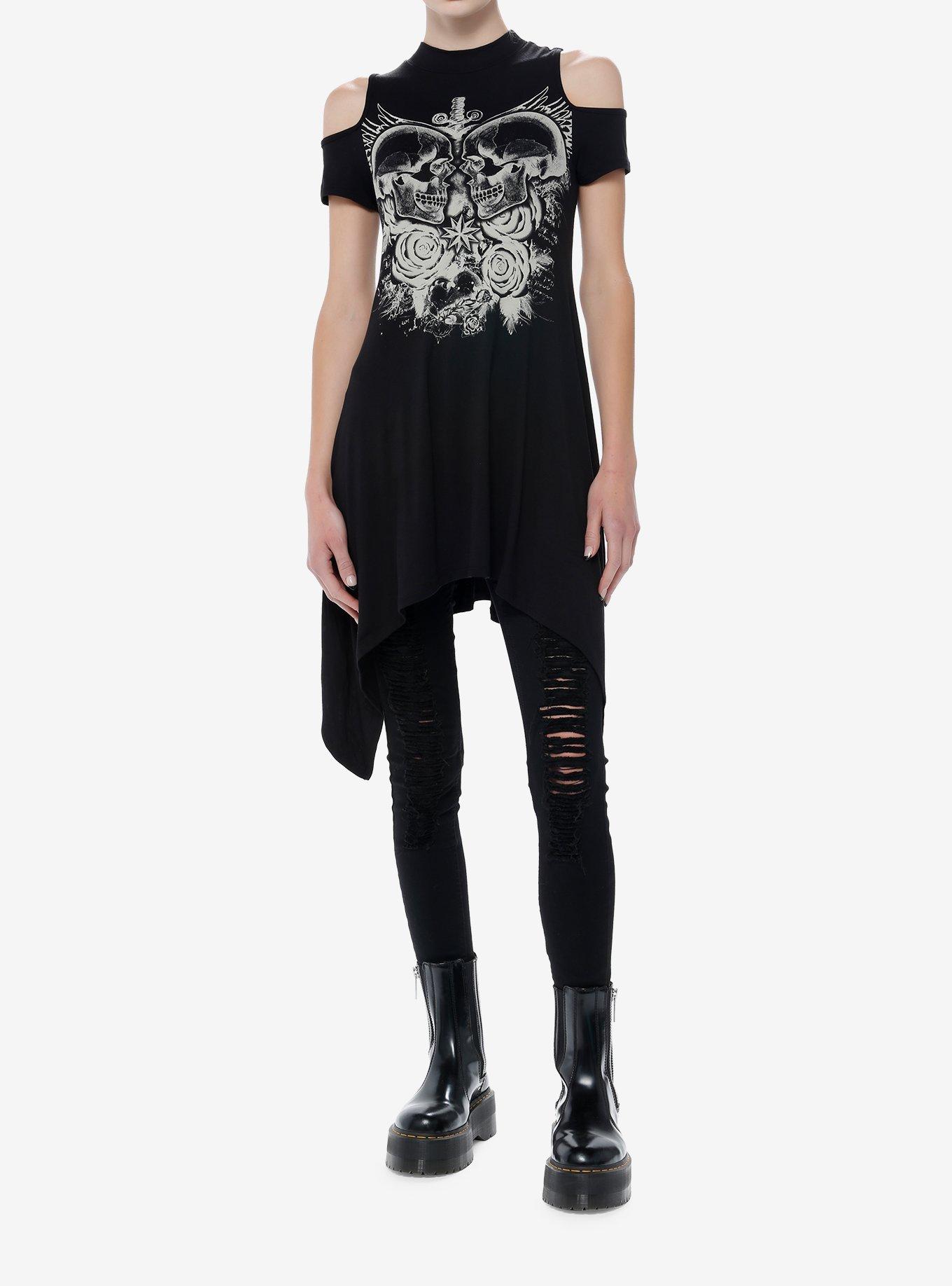 Social Collision Two Skulls Girls Cold Shoulder Tunic Top, BLACK, alternate