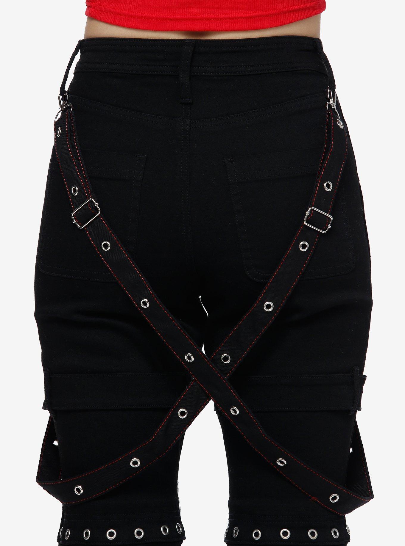Black & Red Contrast Stitch Grommet Suspender Set, , alternate