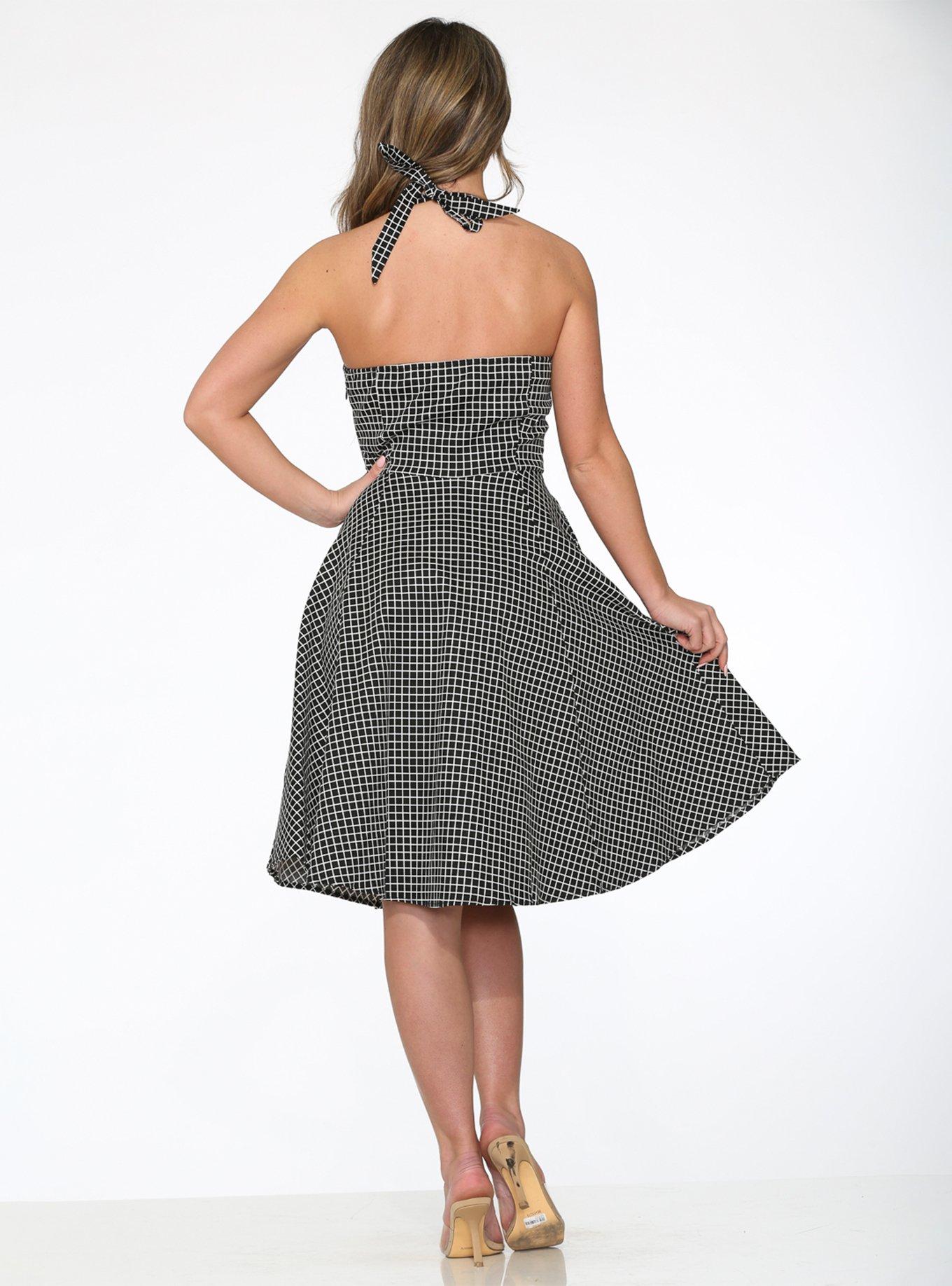 Black White Gingham Halter Dress, BLACK-WHITE, alternate