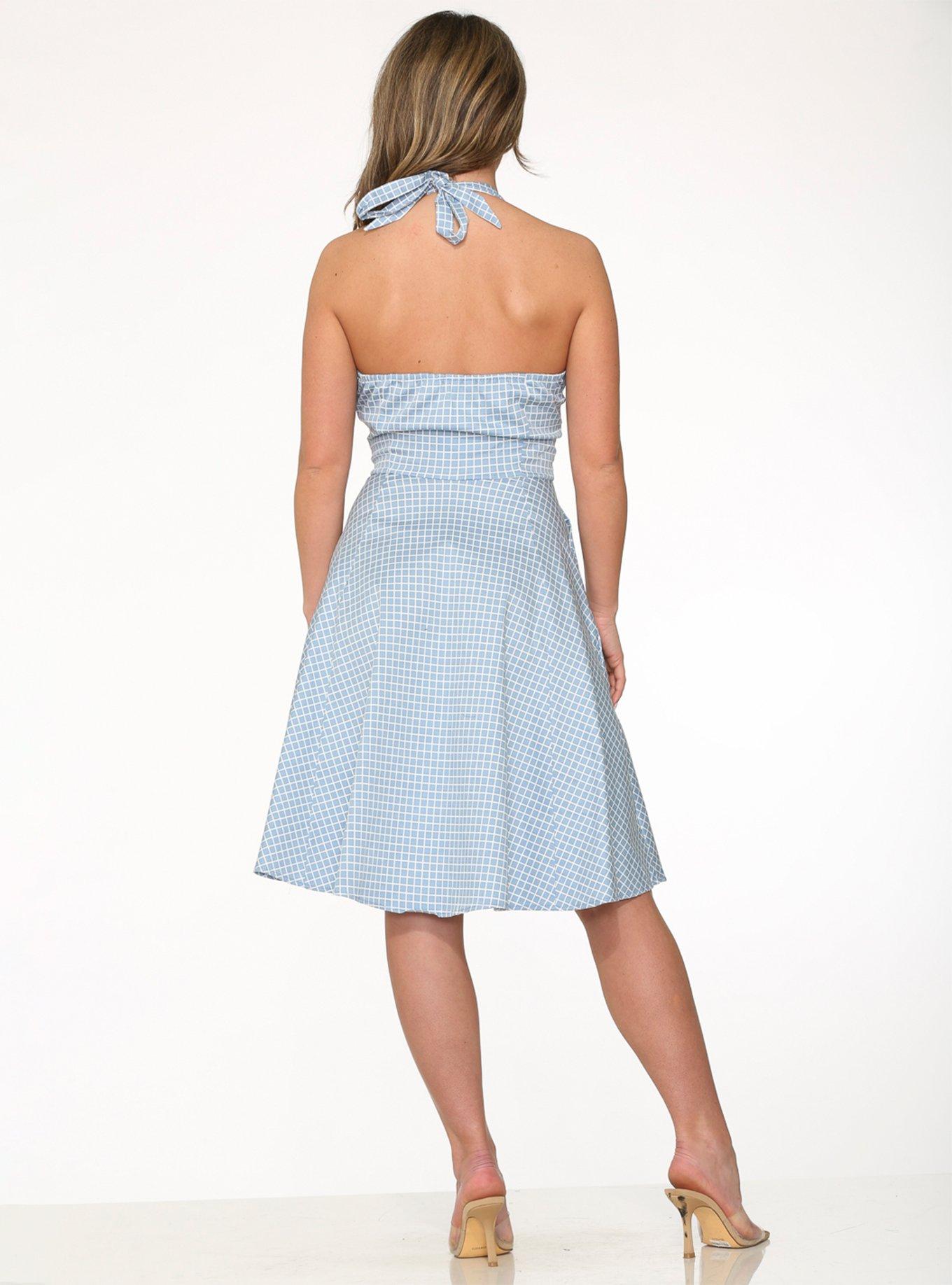 Blue White Gingham Halter Dress, BLUE  WHITE, alternate