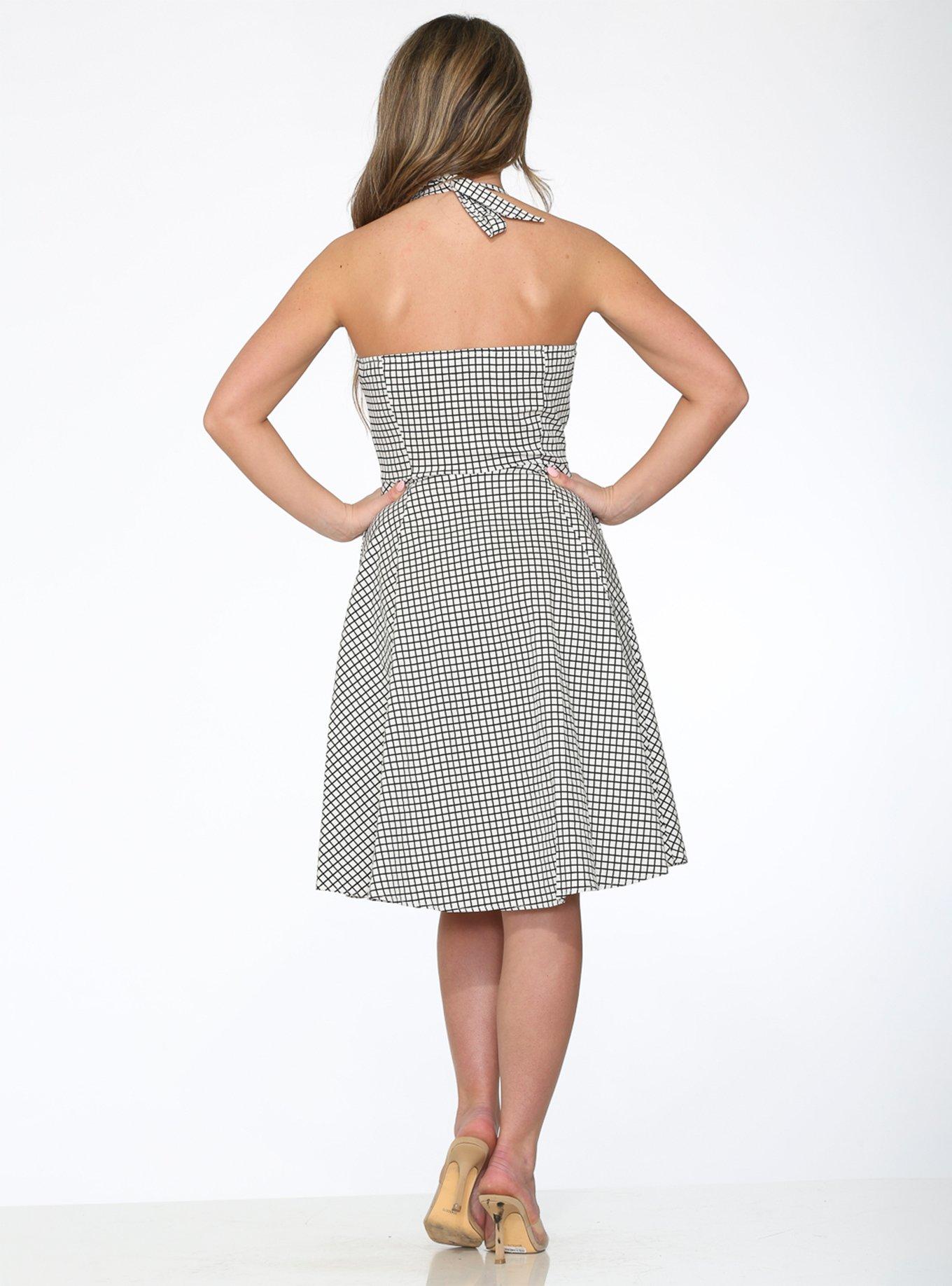 White Black Gingham Halter Dress, BLACK-WHITE, alternate