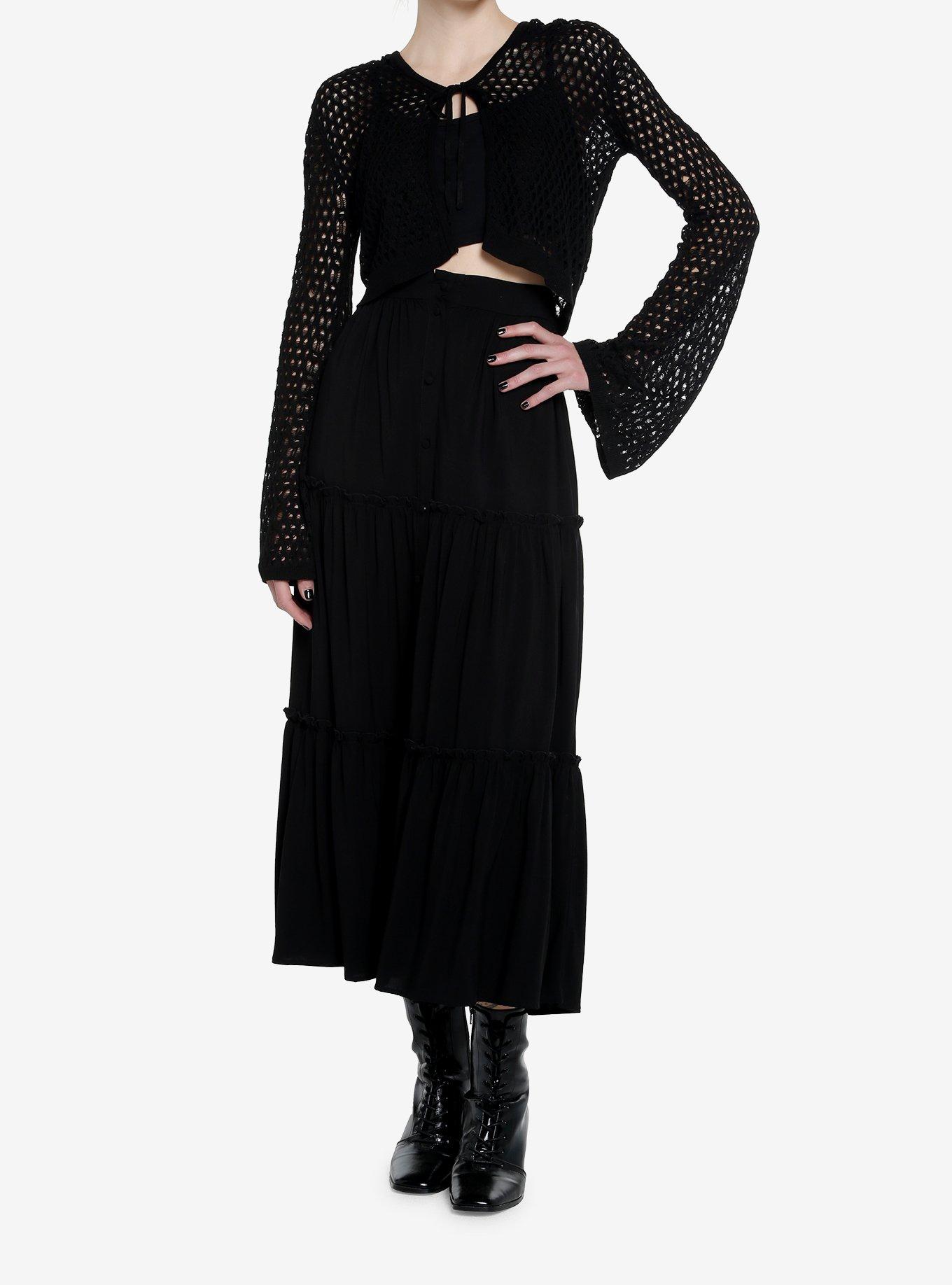 Cosmic Aura Black Open Knit Tie-Front Girls Hoodie, , hi-res