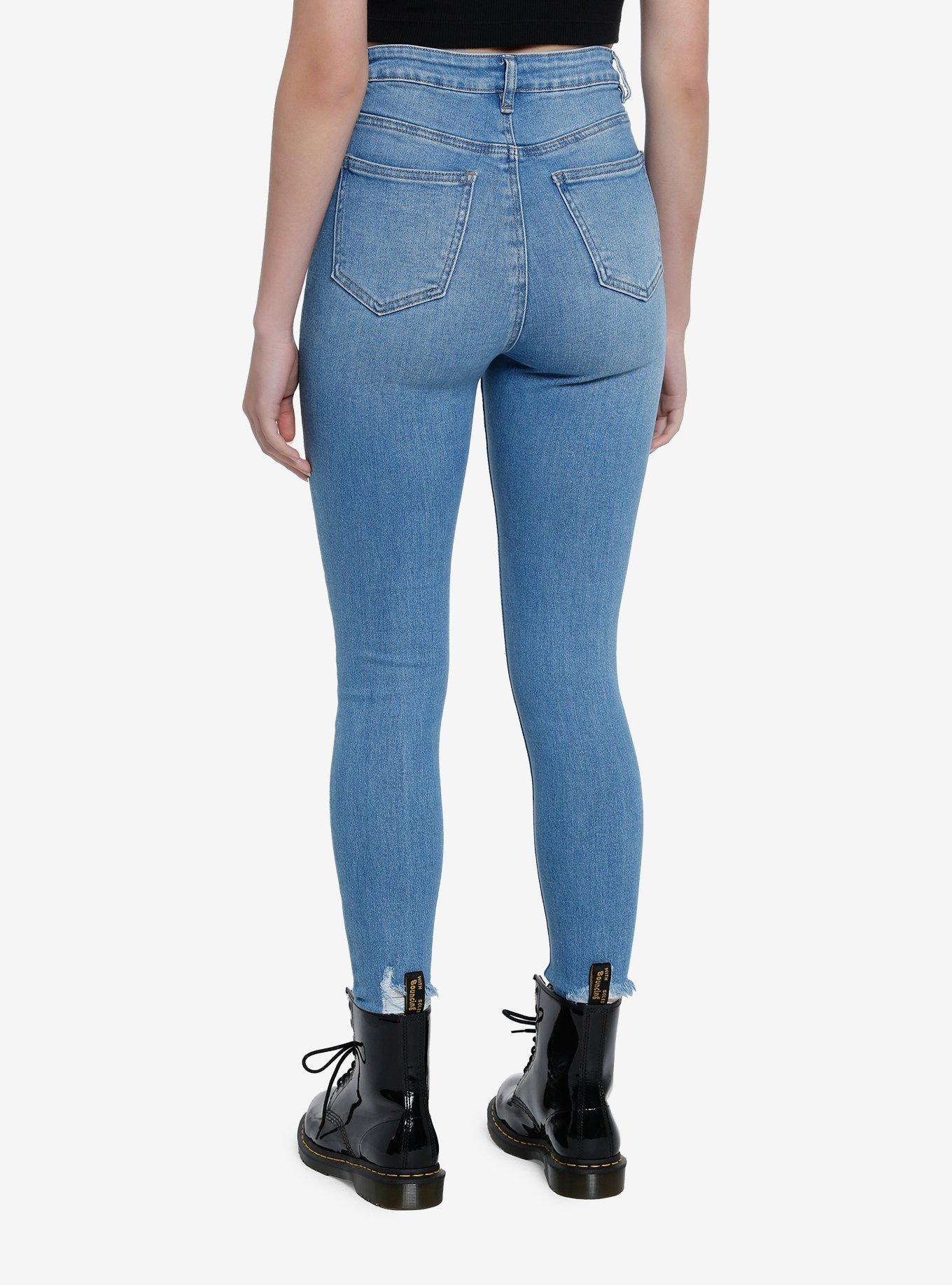 Blue Destructed Denim Skinny Jeans, , hi-res