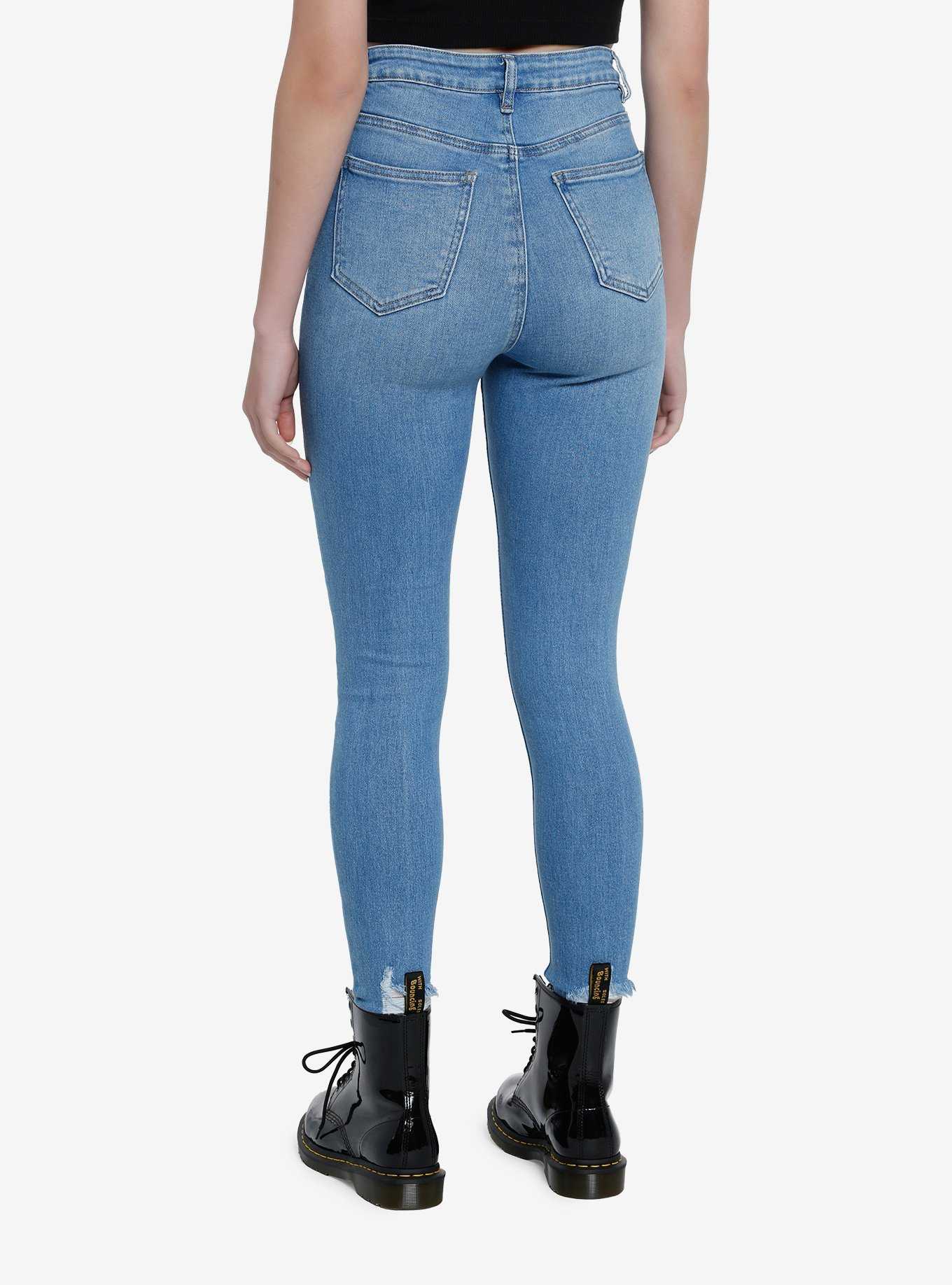 Blue Destructed Denim Skinny Jeans, , hi-res