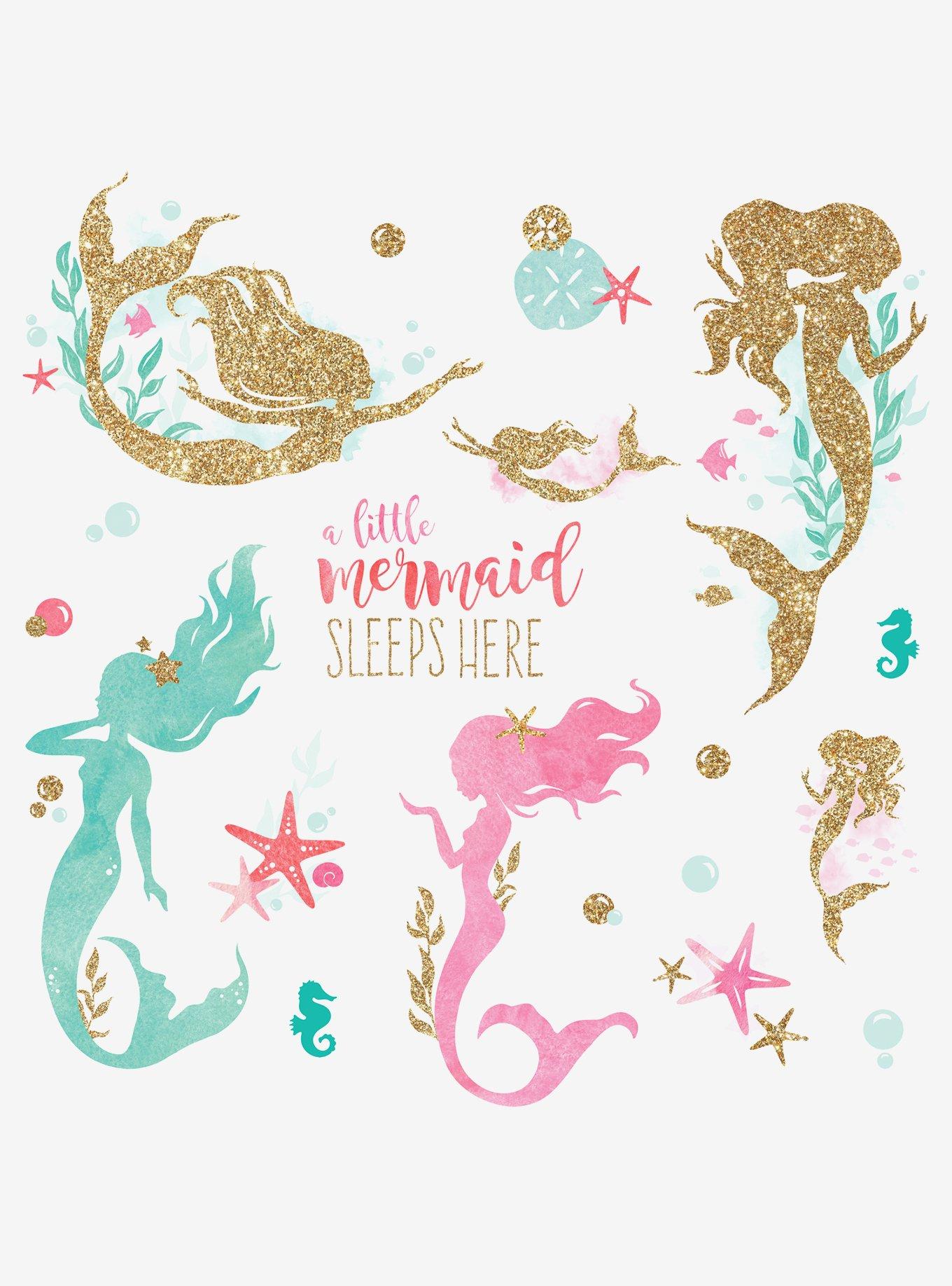 Mermaid Peel And Stick Wall Decals With Gltter, , hi-res