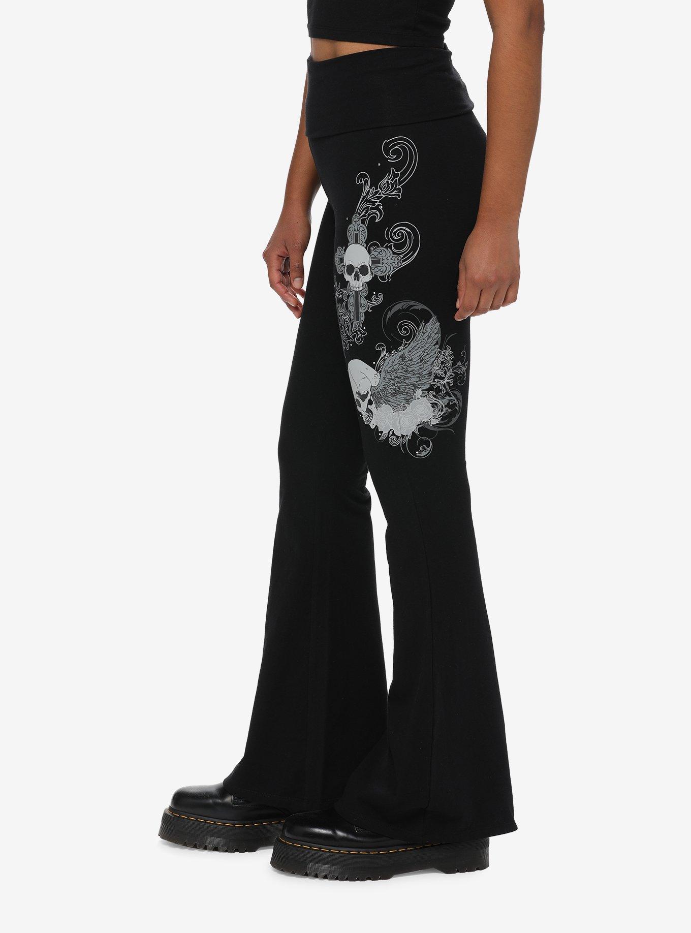 Grunge Skull Flared Leggings, BLACK, alternate