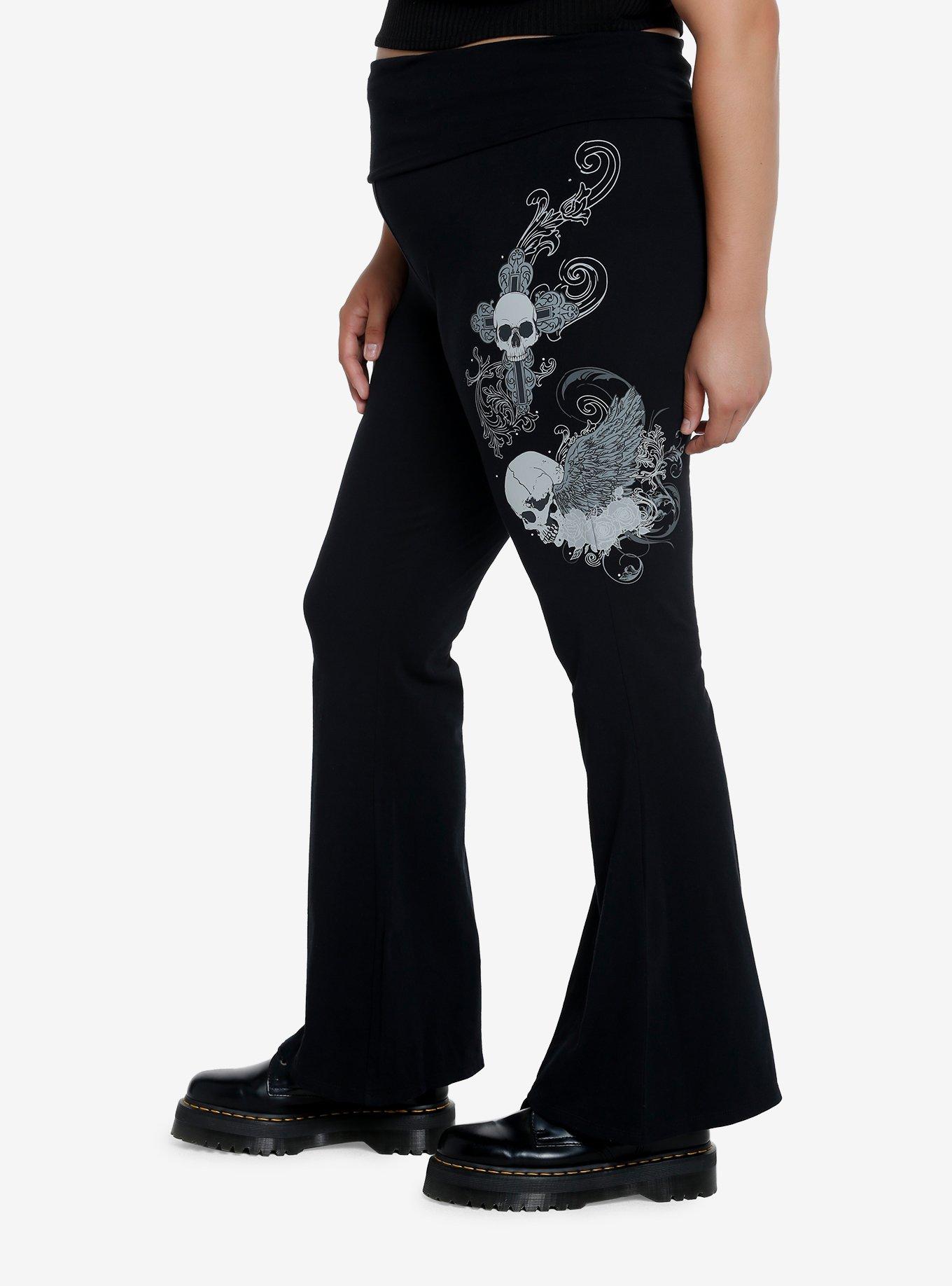 Grunge Skull Flared Leggings Plus Size, BLACK, alternate
