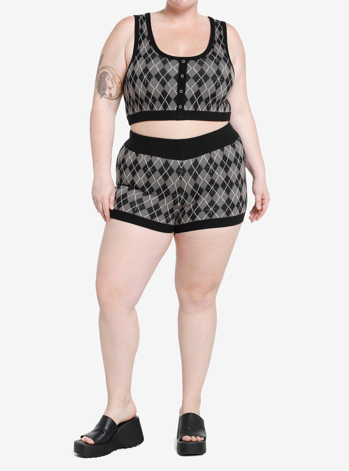 Cosmic Aura Black & Grey Argyle Knit Girls Shorts Plus Size, BLACK, alternate