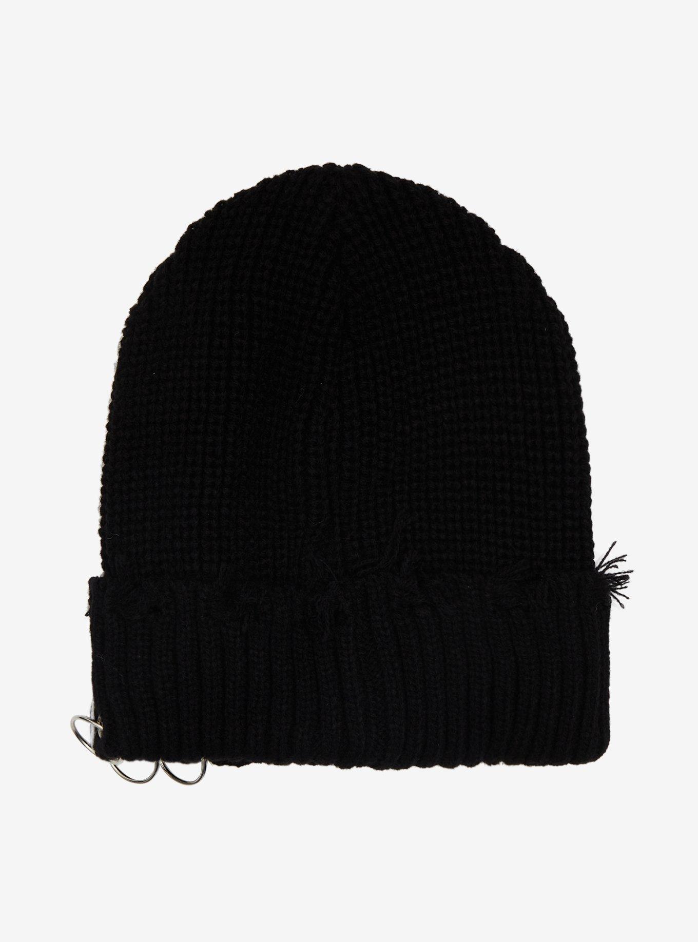 Black Buckle Pierced Beanie, , hi-res