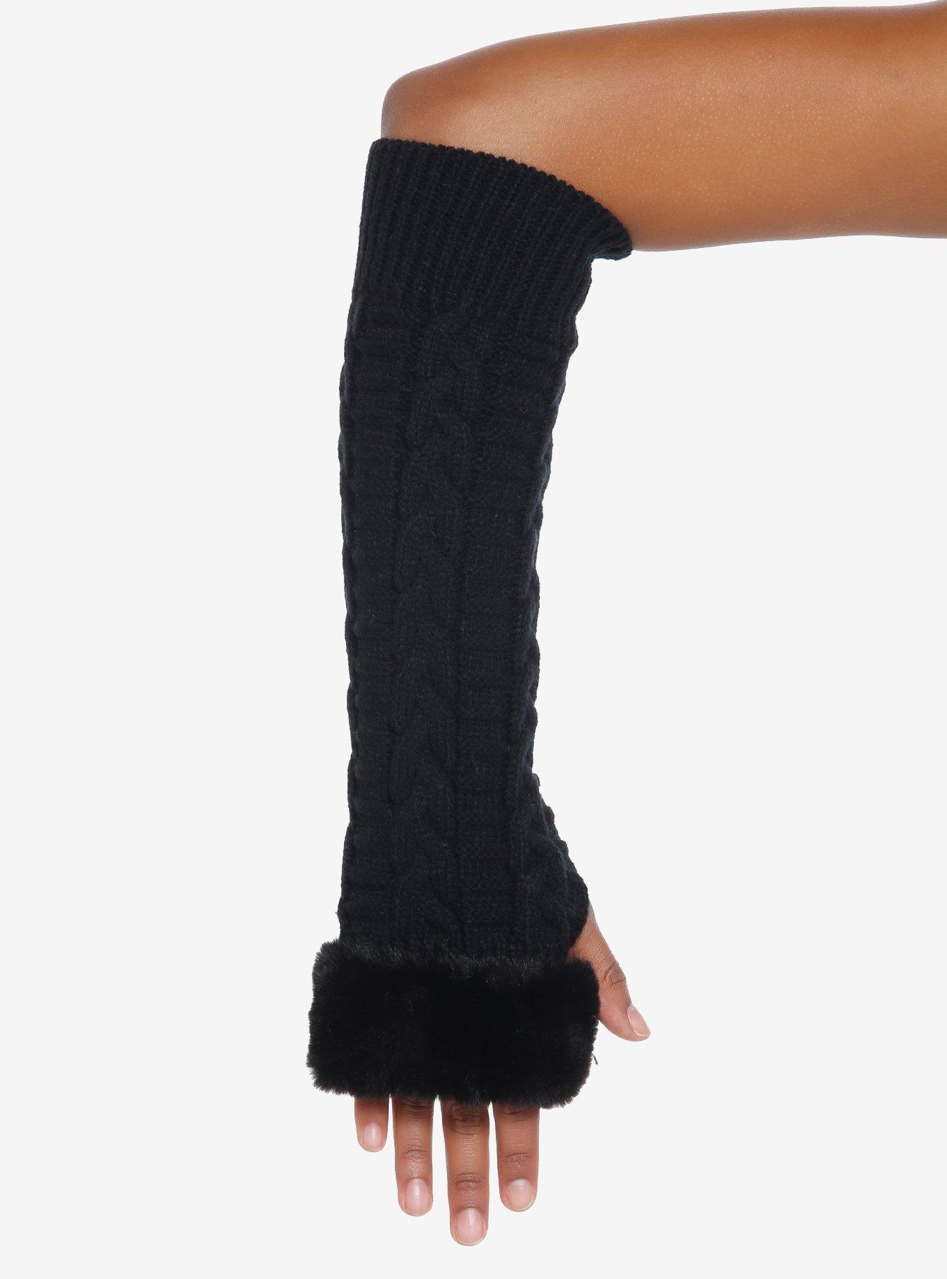 Black Faux Fur Knit Arm Warmers, , alternate