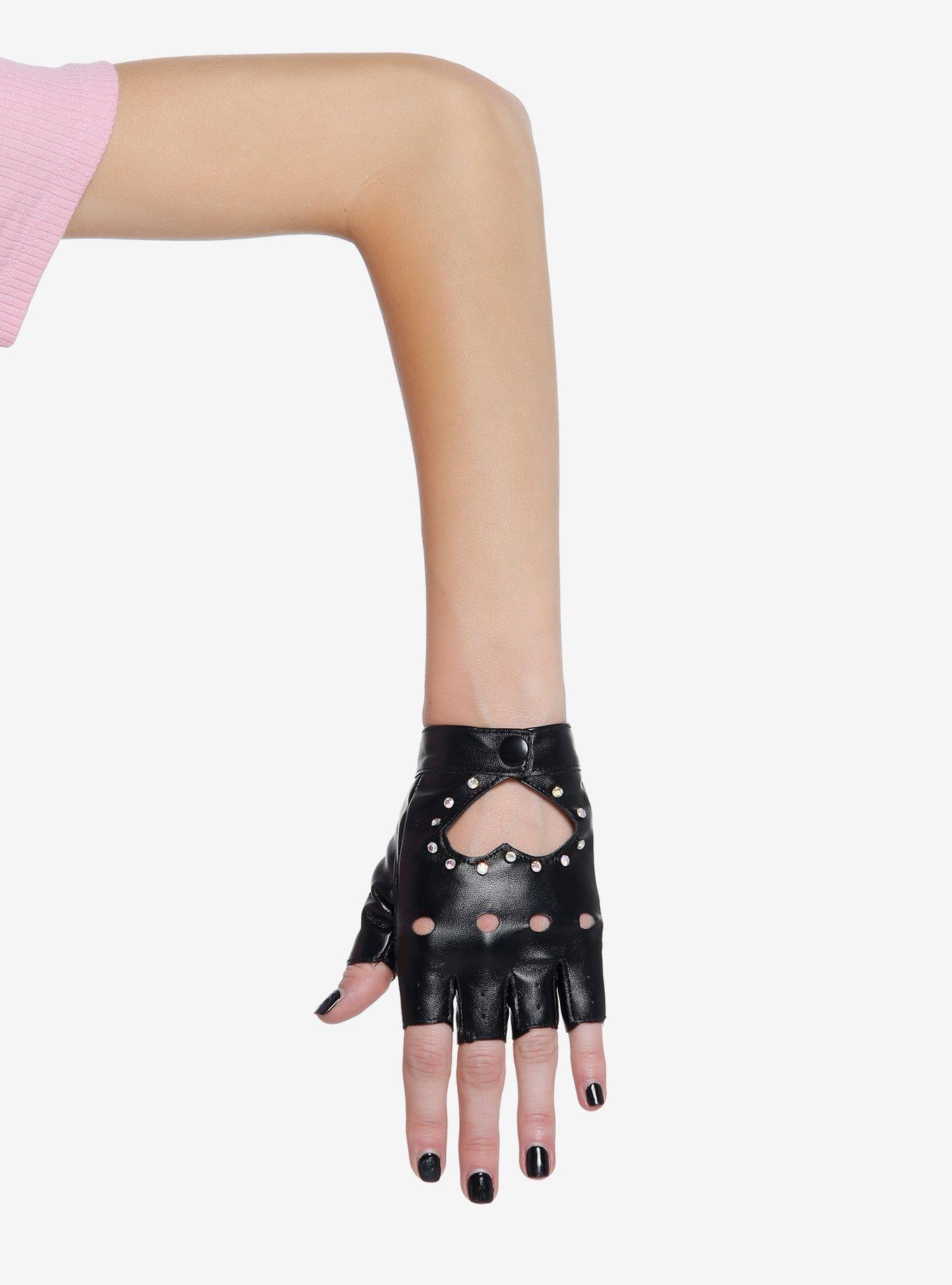 Rhinestone Heart Cutout Moto Fingerless Gloves
