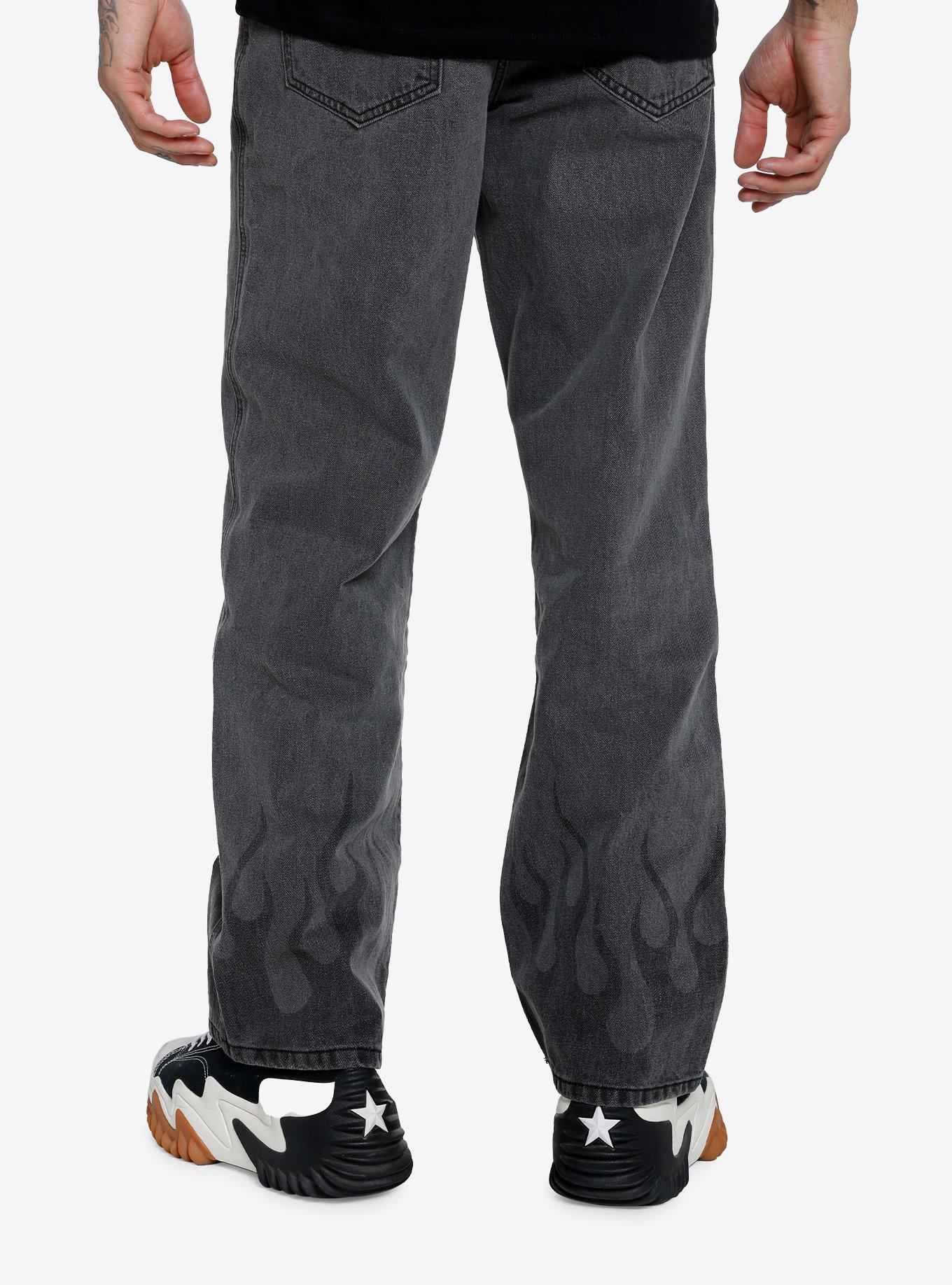Grey Black Flame Straight Leg Denim Pants, BLACK, alternate