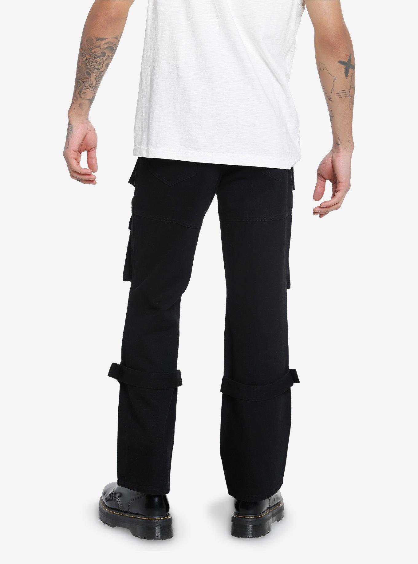 Black Cargo Buckle Straight Leg Pants, BLACK, alternate