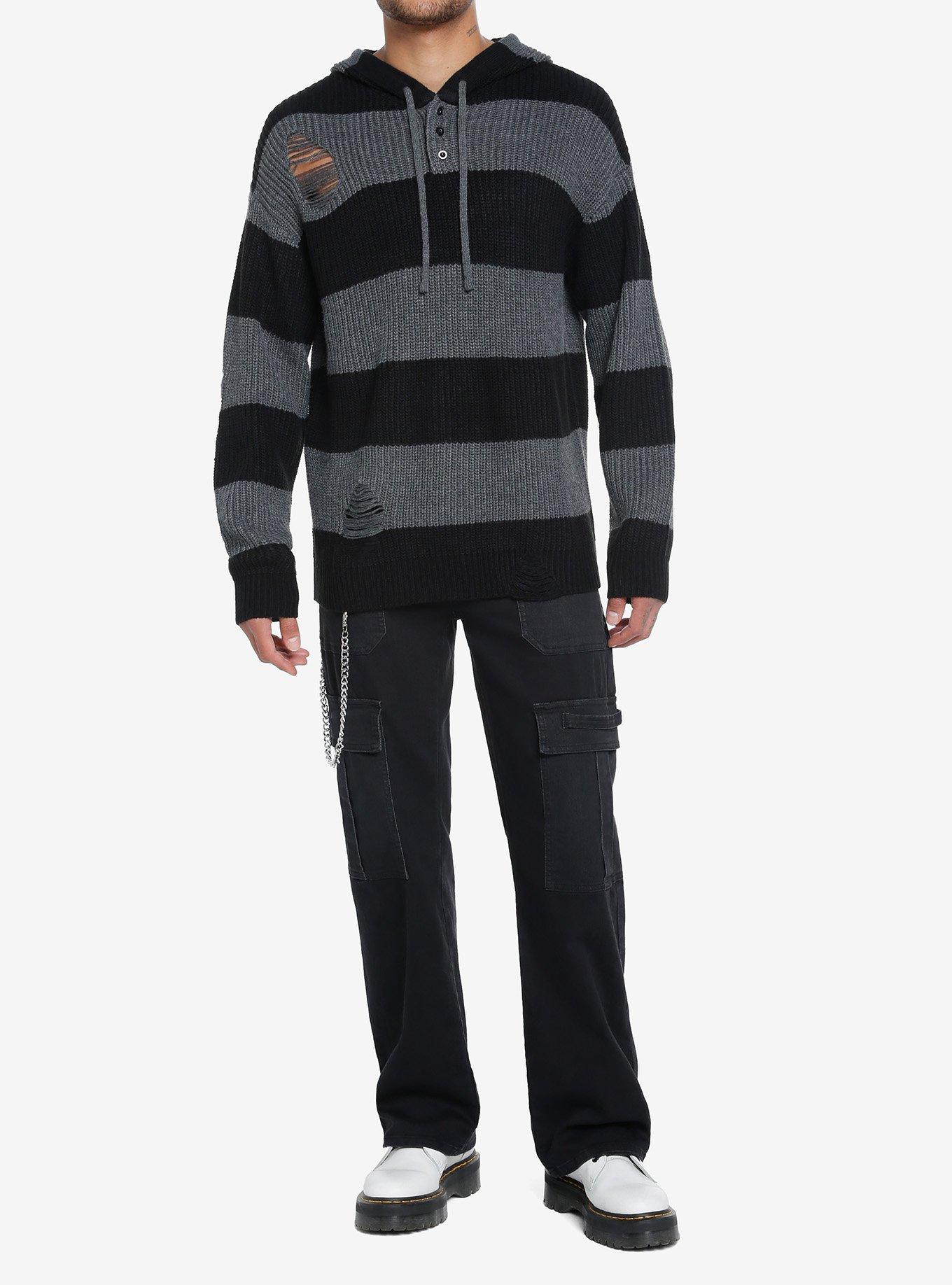 Destructed Black & Grey Stripe Oversized Hoodie, GREY, alternate