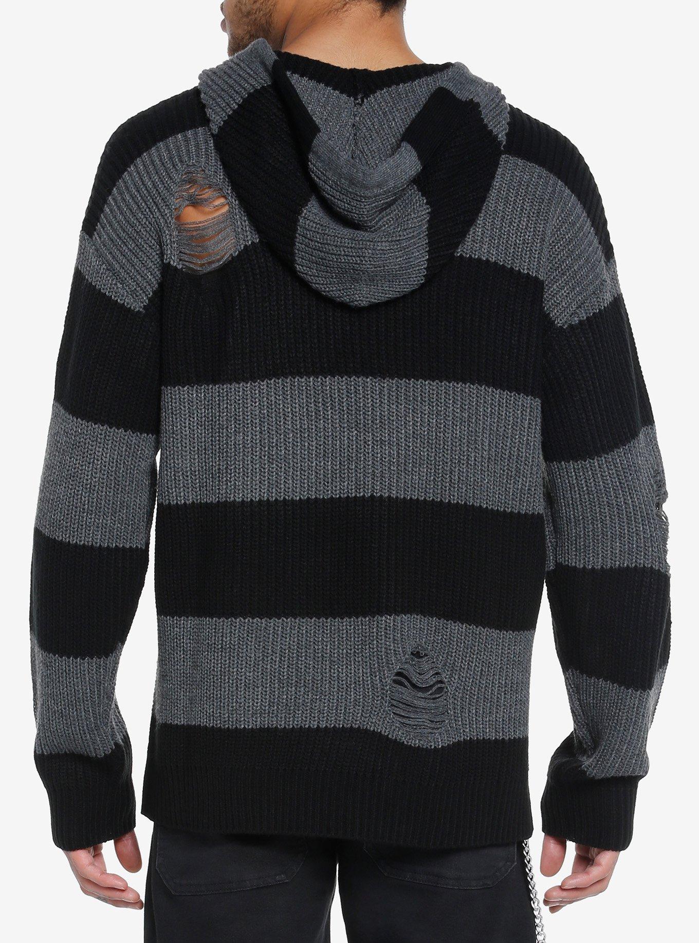Destructed Black & Grey Stripe Oversized Hoodie, GREY, alternate