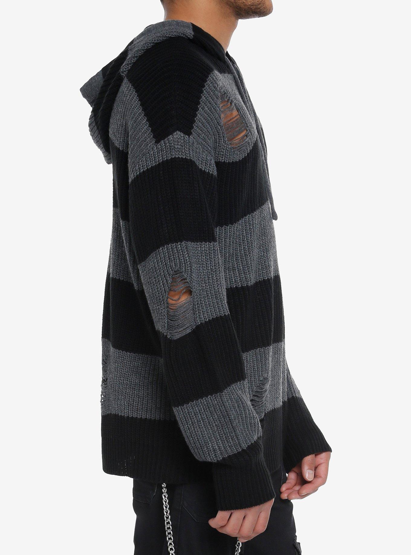Destructed Black & Grey Stripe Oversized Hoodie, GREY, alternate